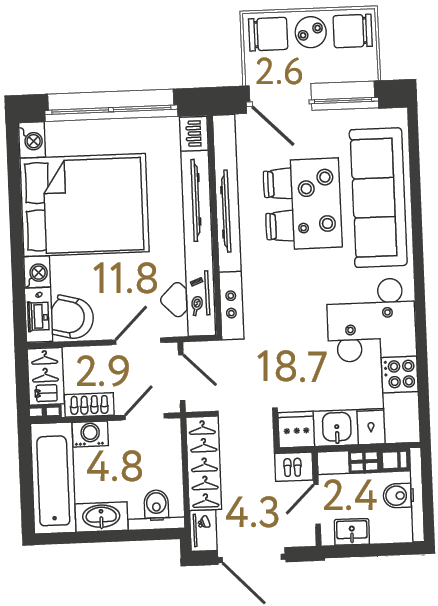 Планировка: 1-комнатная квартира, 44,9 м²