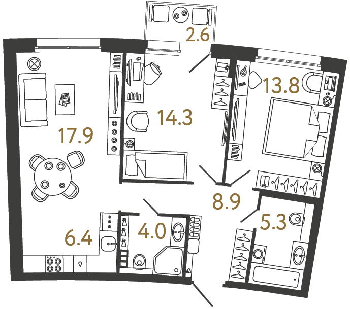 Планировка: 2-комнатная квартира, 70,6 м²