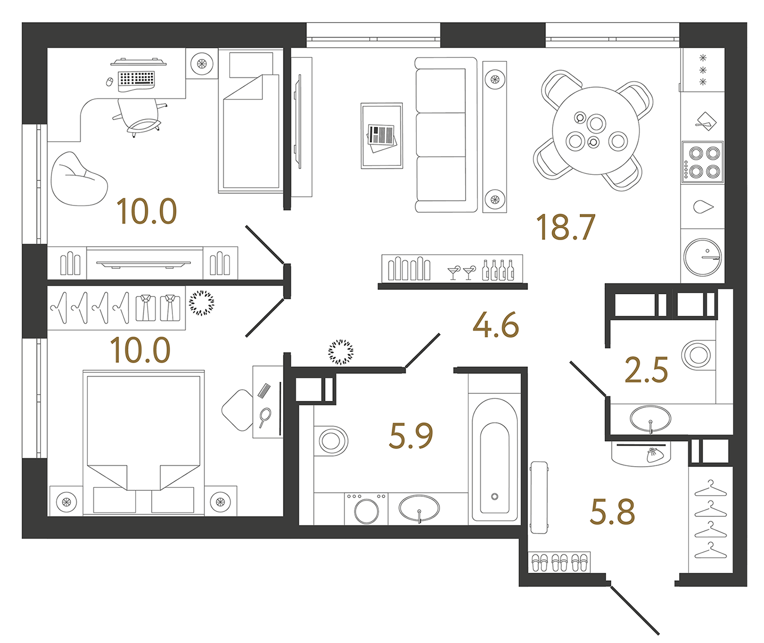 Планировка: 2-комнатная квартира, 57,5 м²