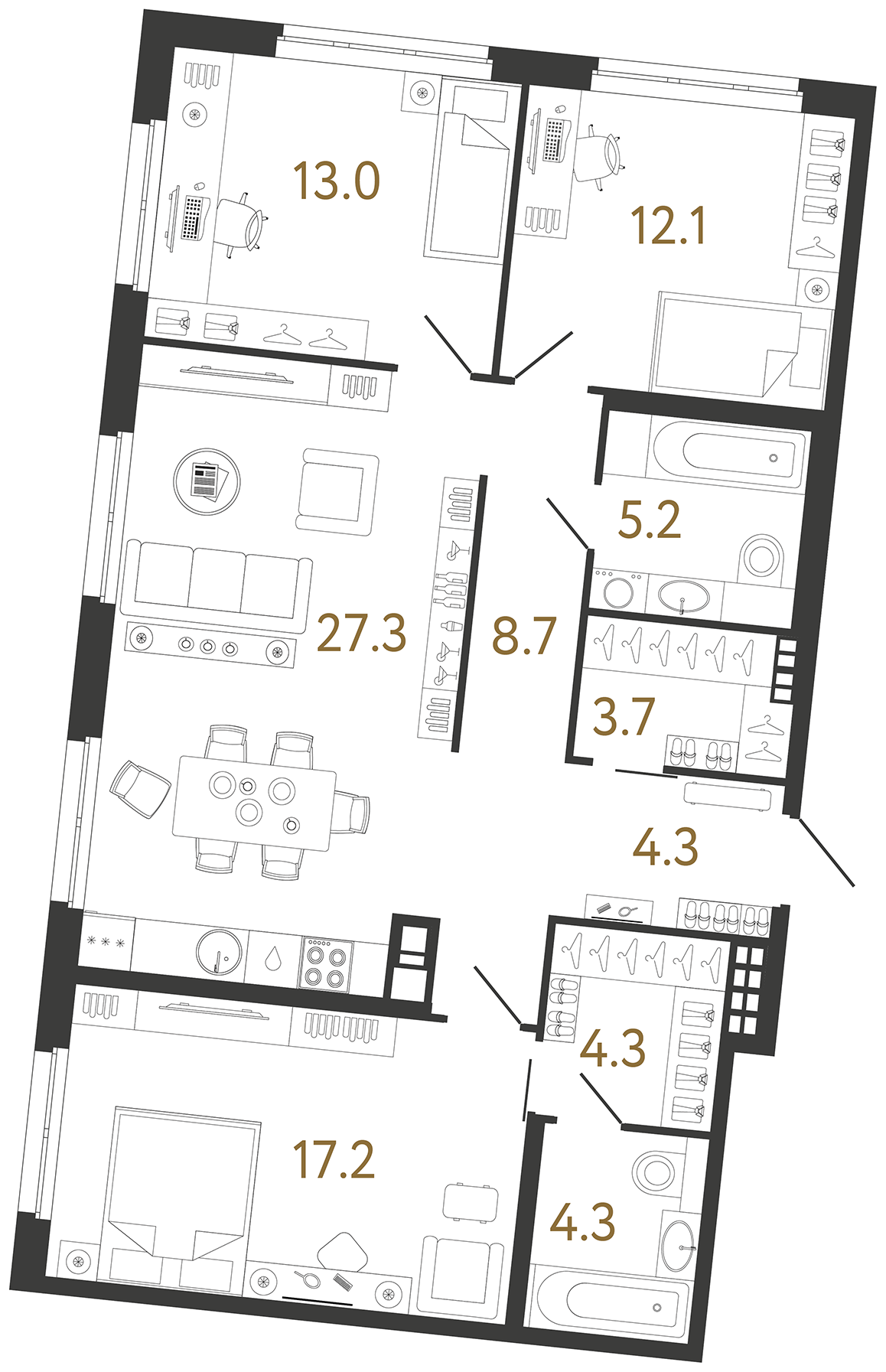 Планировка: 3-комнатная квартира, 100,1 м²
