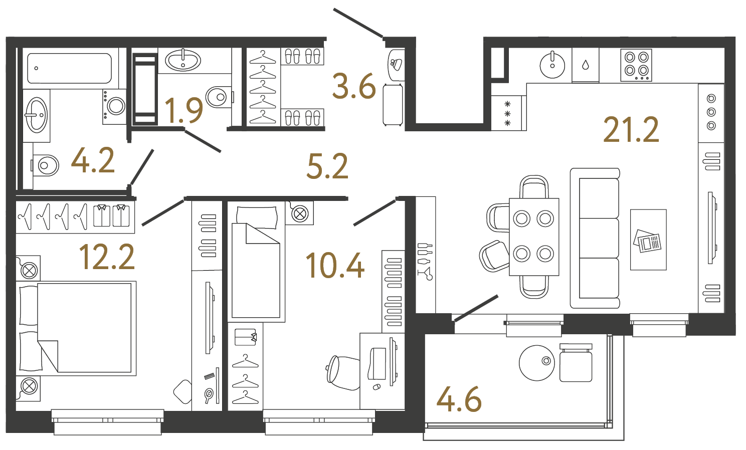 Планировка: 2-комнатная квартира, 58,7 м²
