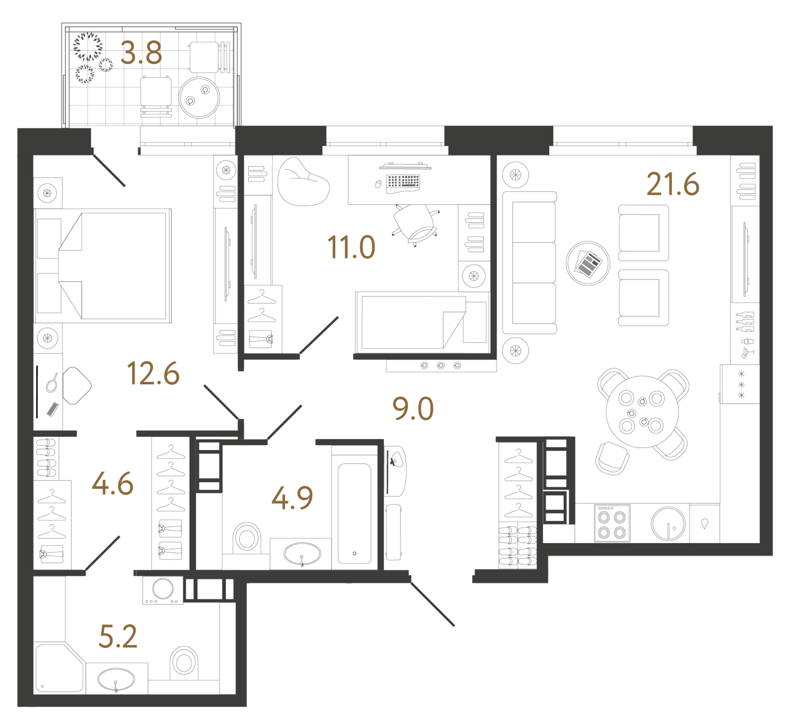 Планировка: 2-комнатная квартира, 68,9 м²