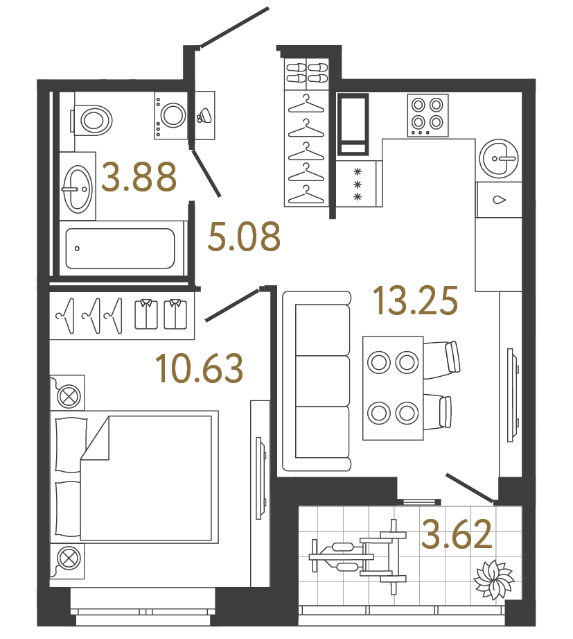 Планировка: 1-комнатная квартира, 32,8 м²