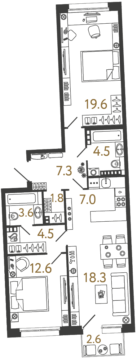 Планировка: 2-комнатная квартира, 79,2 м²