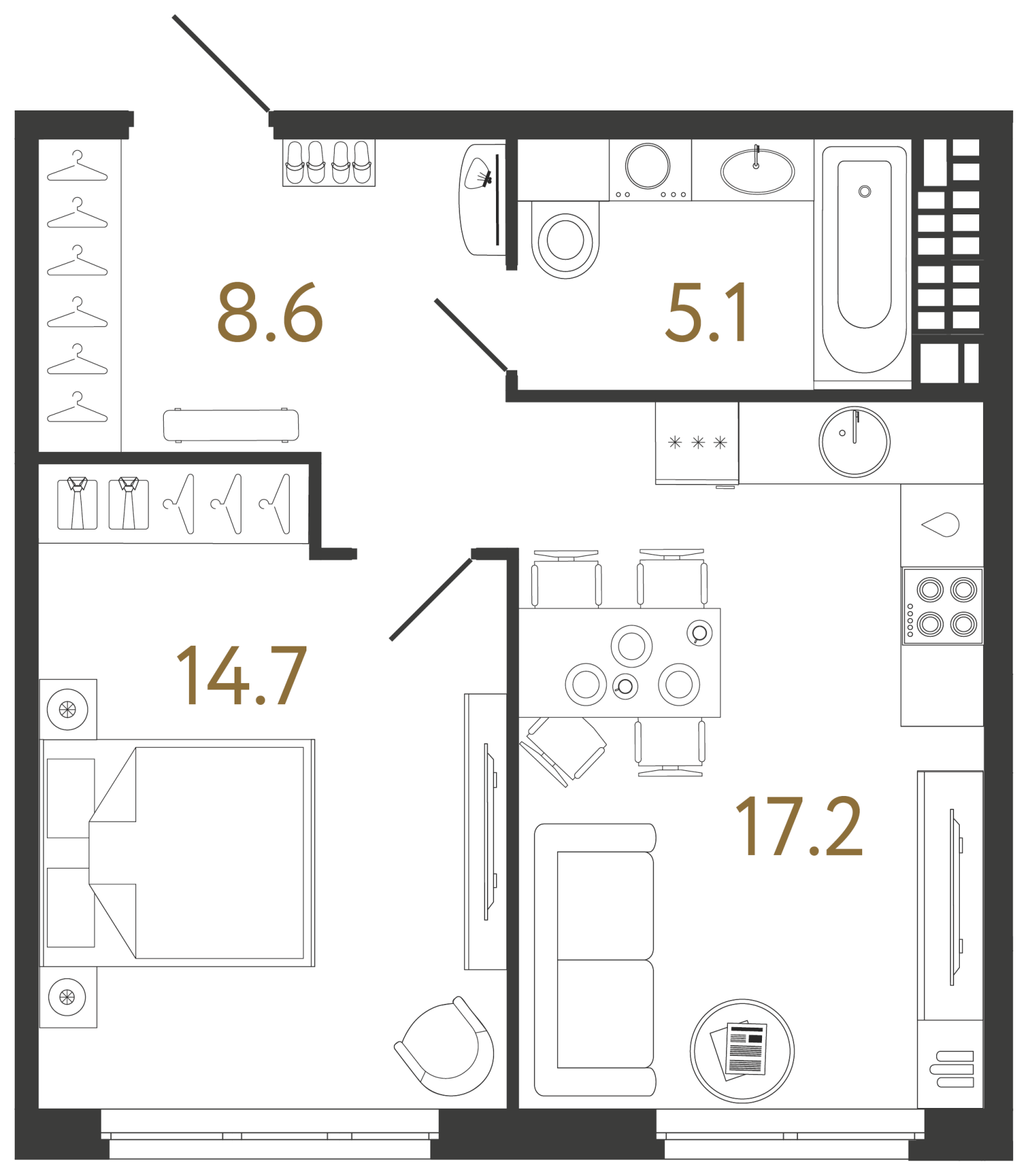 Планировка: 1-комнатная квартира, 45,6 м²