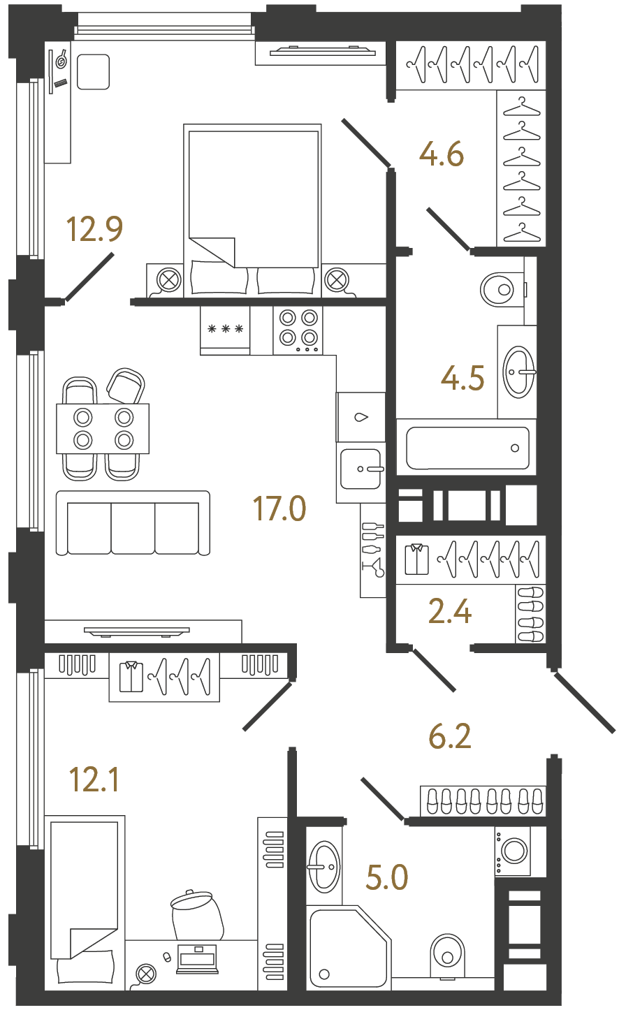 Планировка: 2-комнатная квартира, 64,7 м²