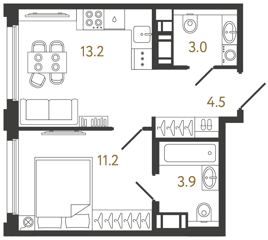 Планировка: 1-комнатная квартира, 35,8 м²