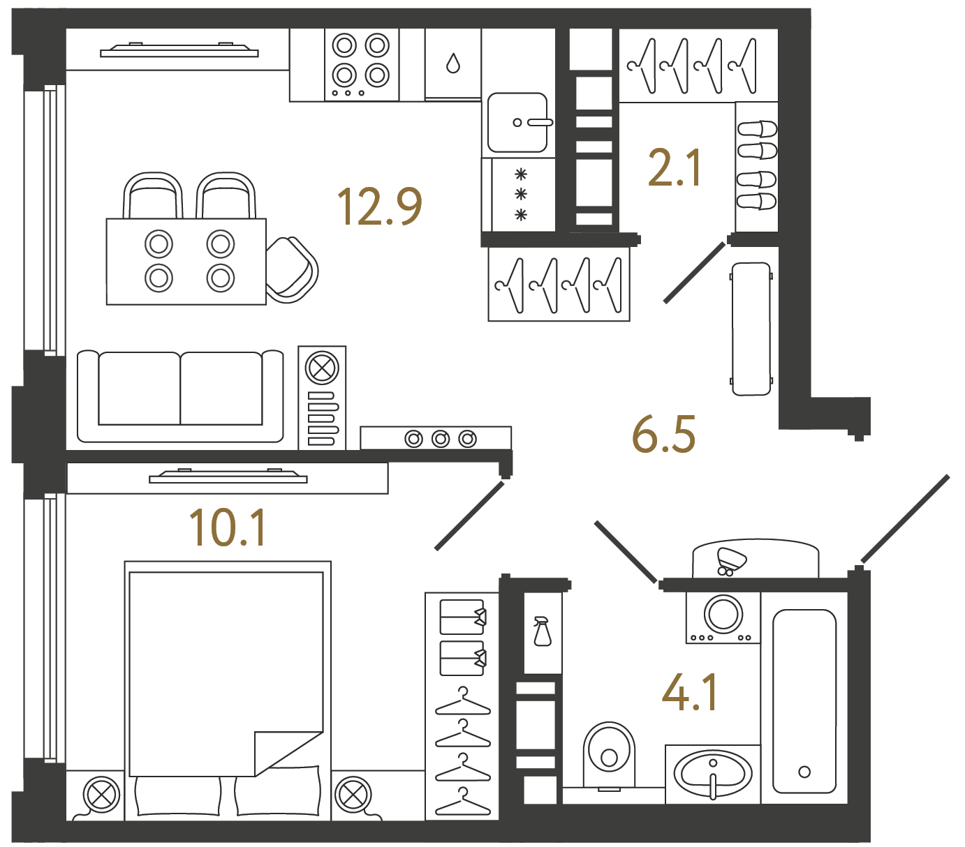 Планировка: 1-комнатная квартира, 35,7 м²