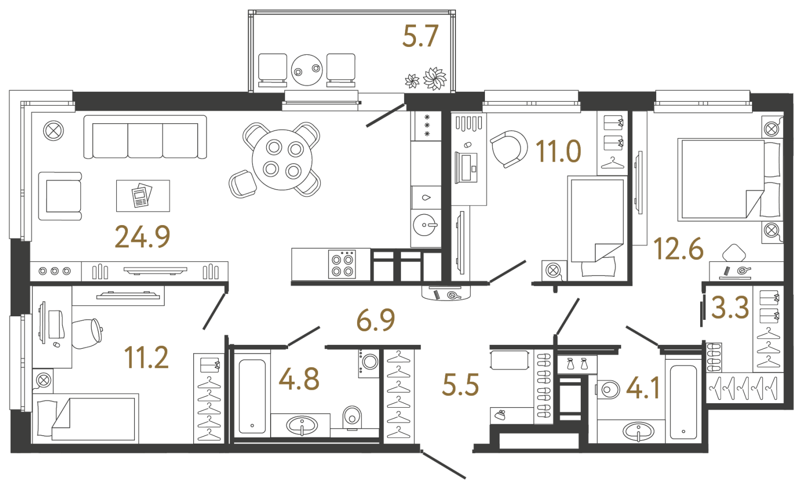 Планировка: 3-комнатная квартира, 84,3 м²
