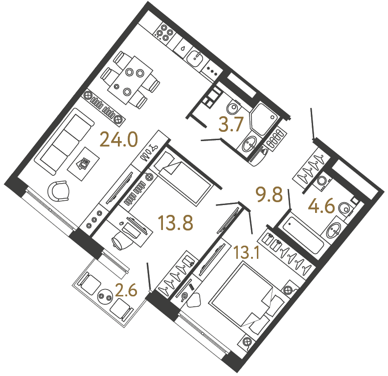 Планировка: 2-комнатная квартира, 69,0 м²