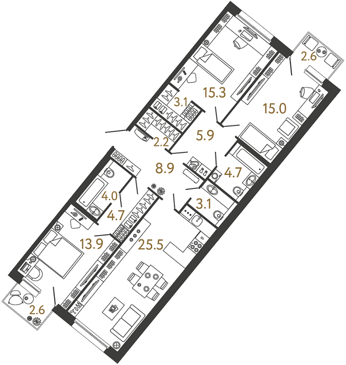 Планировка: 3-комнатная квартира, 106,3 м²