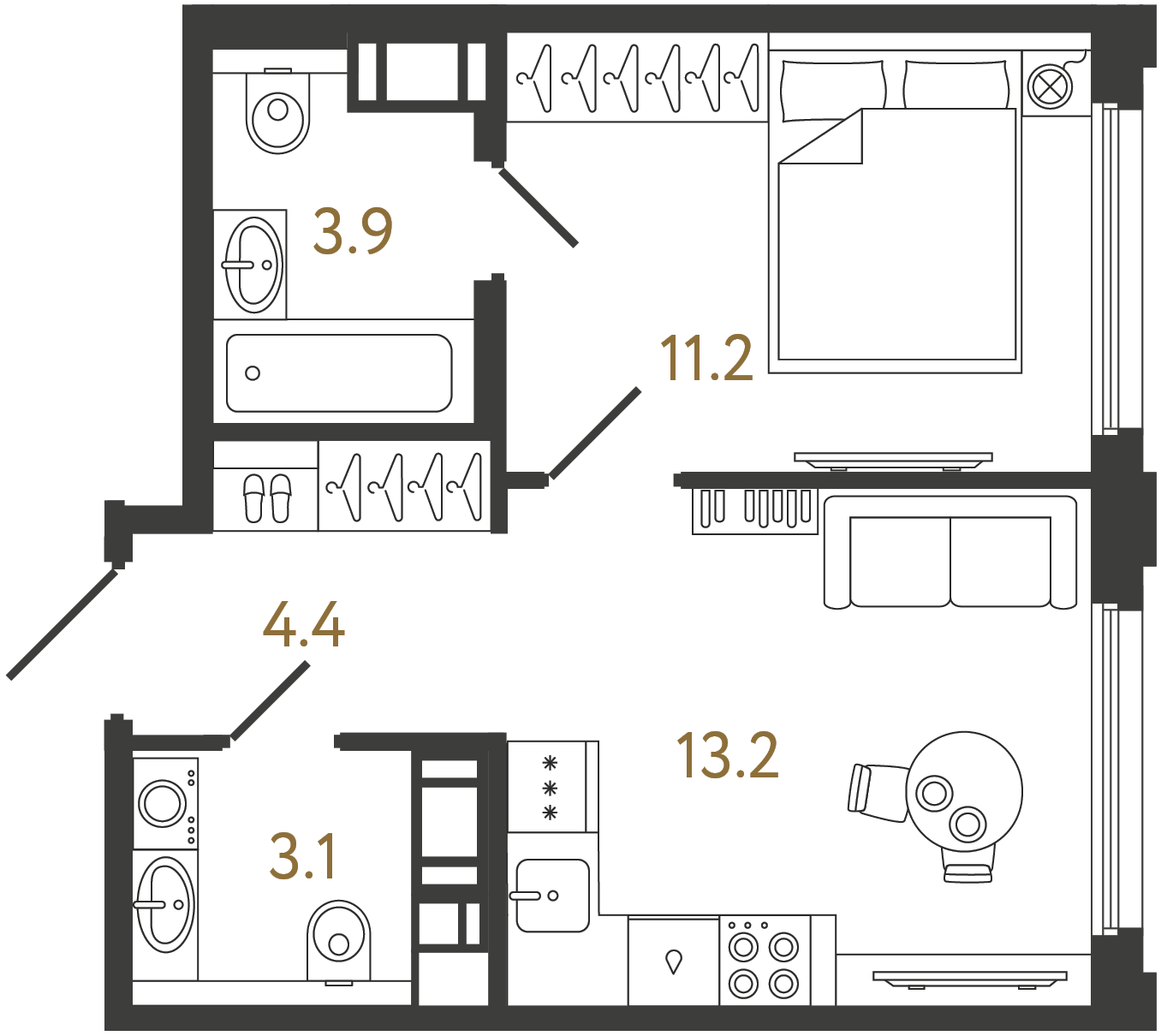 Планировка: 1-комнатная квартира, 35,8 м²