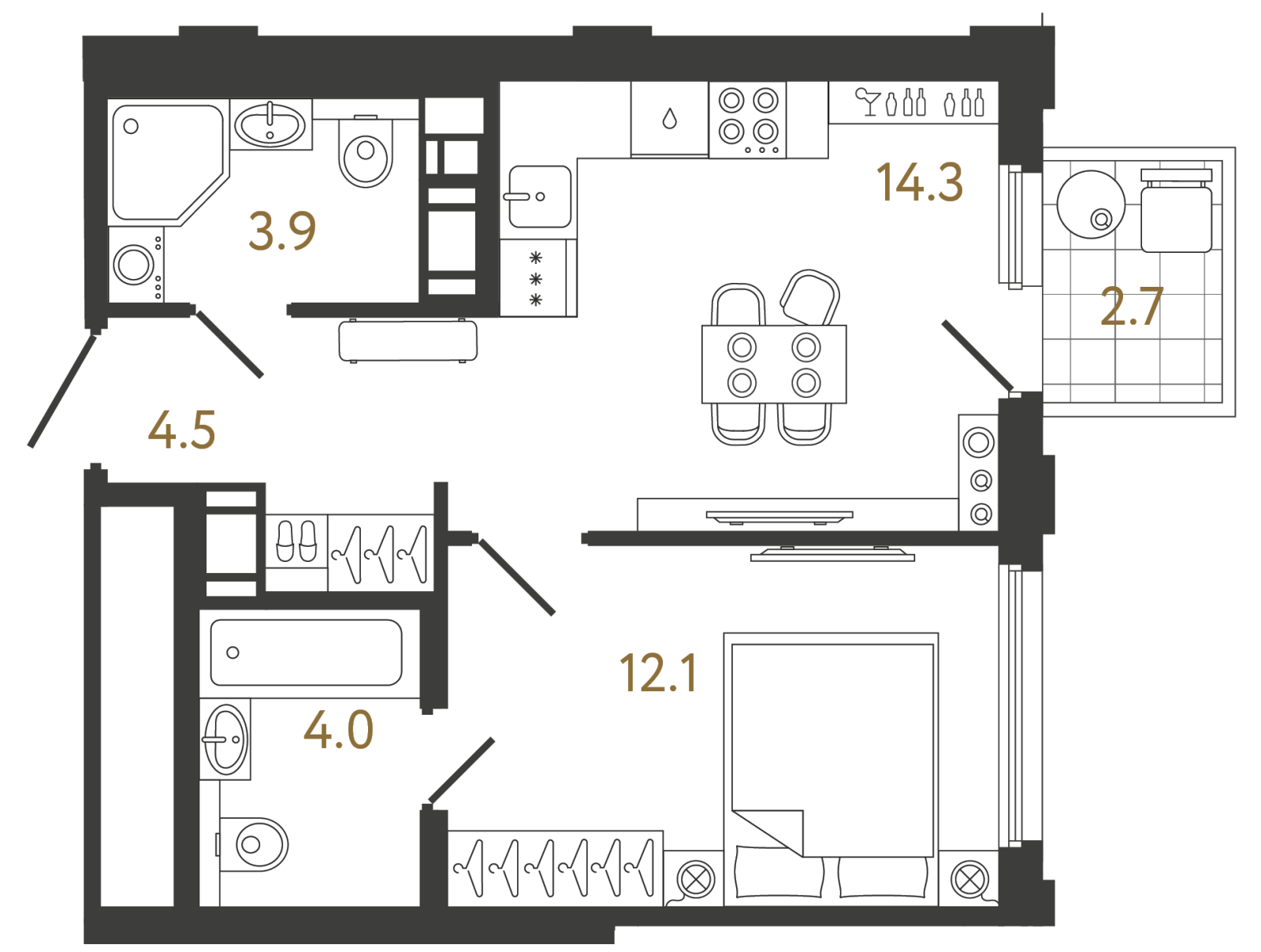 Планировка: 1-комнатная квартира, 38,8 м²