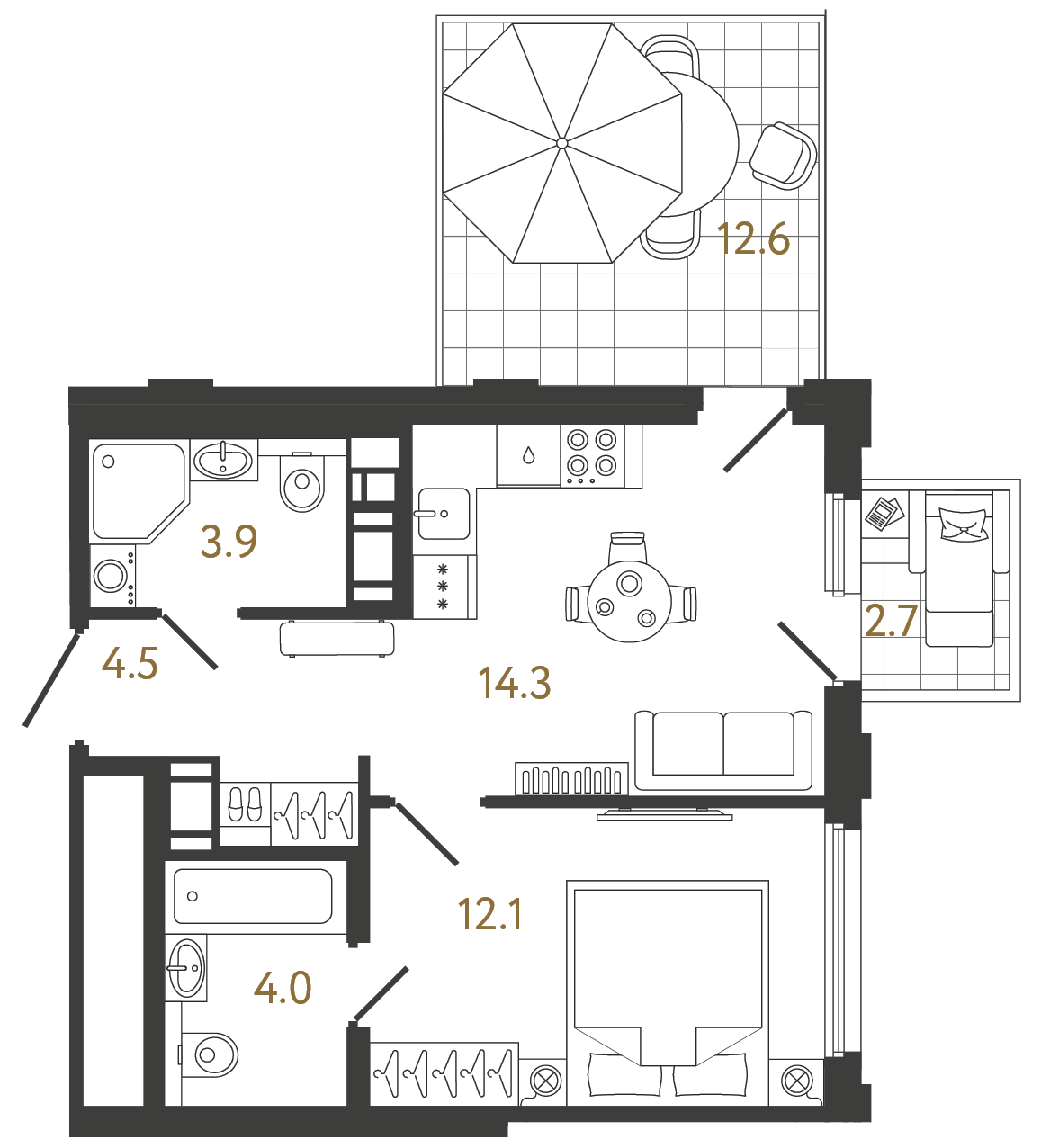 Планировка: 1-комнатная квартира, 38,8 м²