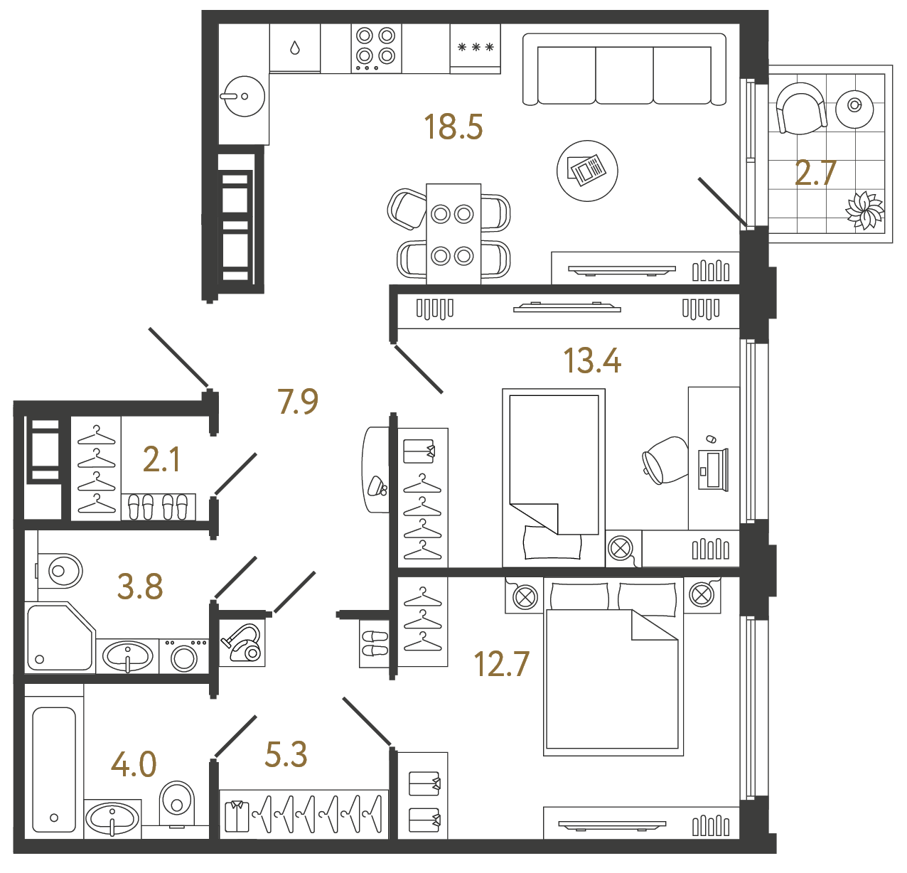 Планировка: 2-комнатная квартира, 67,7 м²