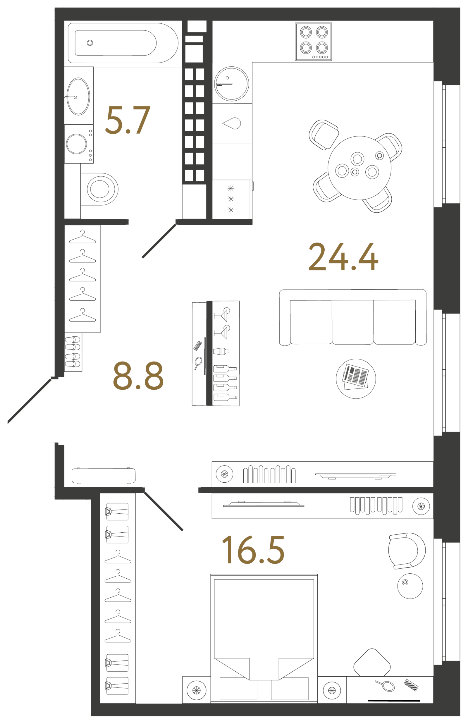 Планировка: 1-комнатная квартира, 55,4 м²