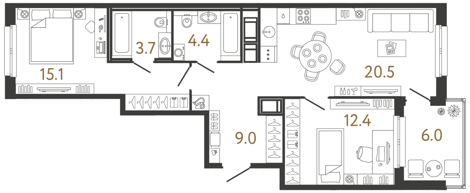 Планировка: 2-комнатная квартира, 65,1 м²