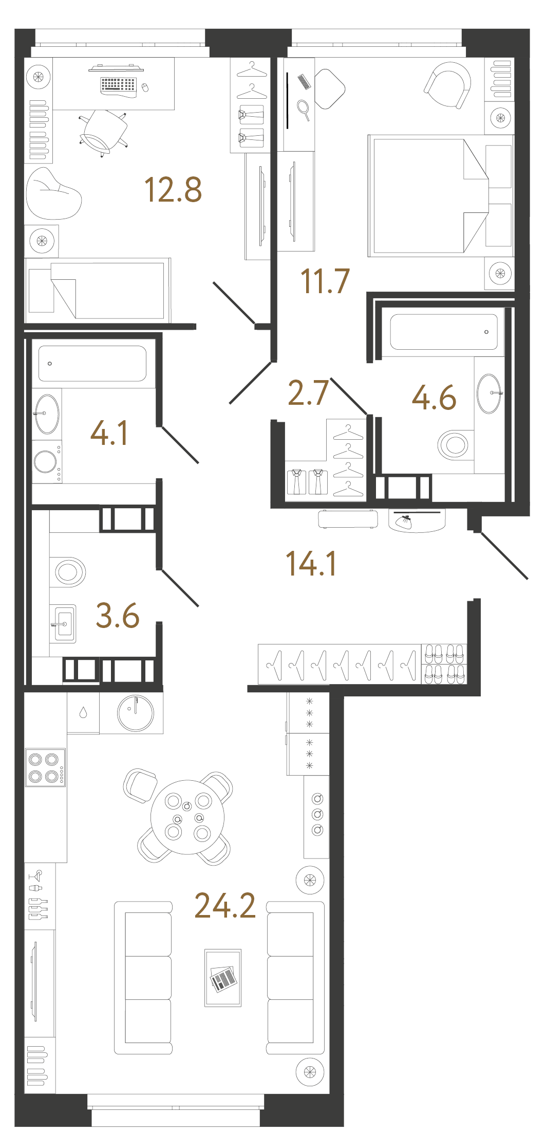 Планировка: 2-комнатная квартира, 77,8 м²