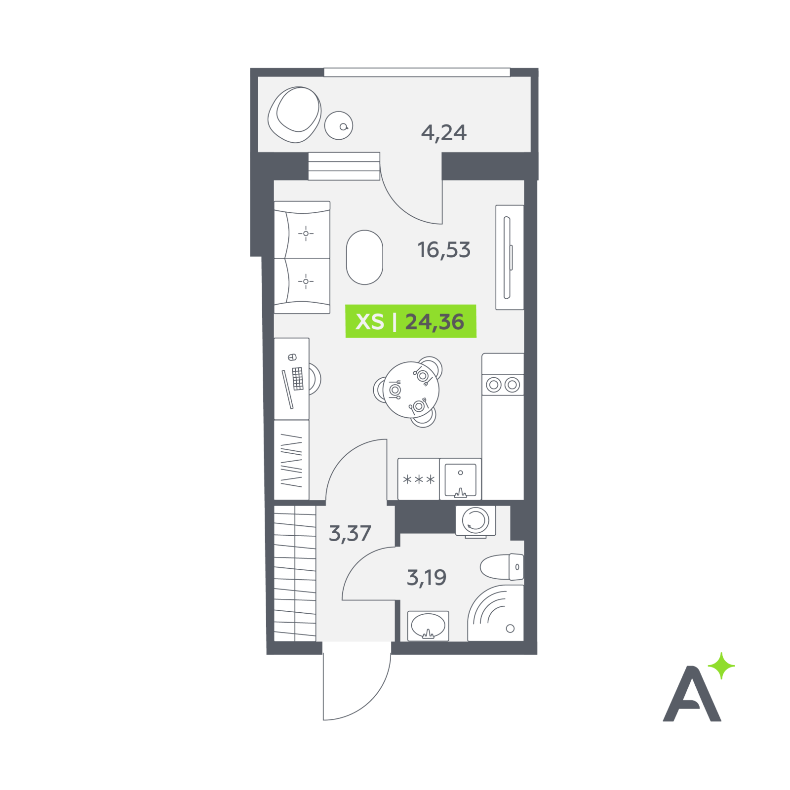 Планировка: студия, 24,4 м²