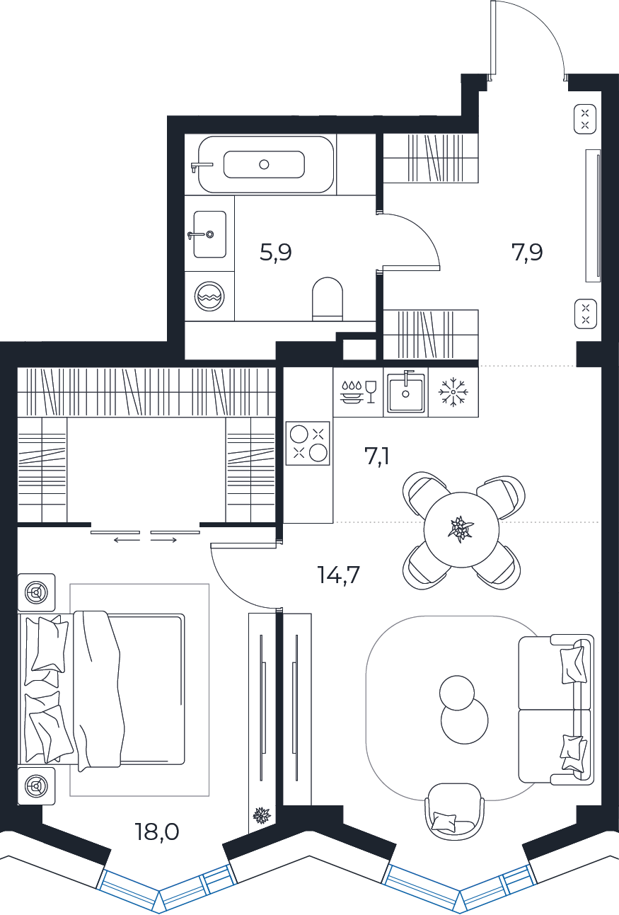 Планировка: 1-комнатная квартира, 53,6 м²