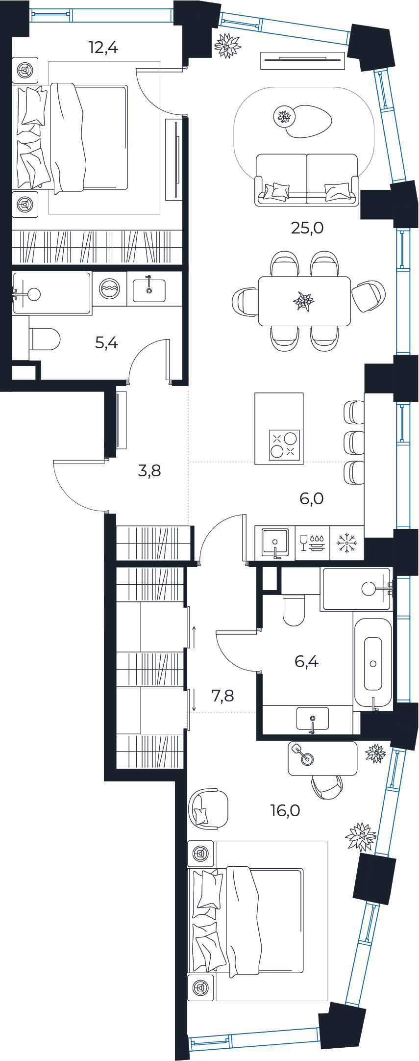 Планировка: 2-комнатная квартира, 82,8 м²