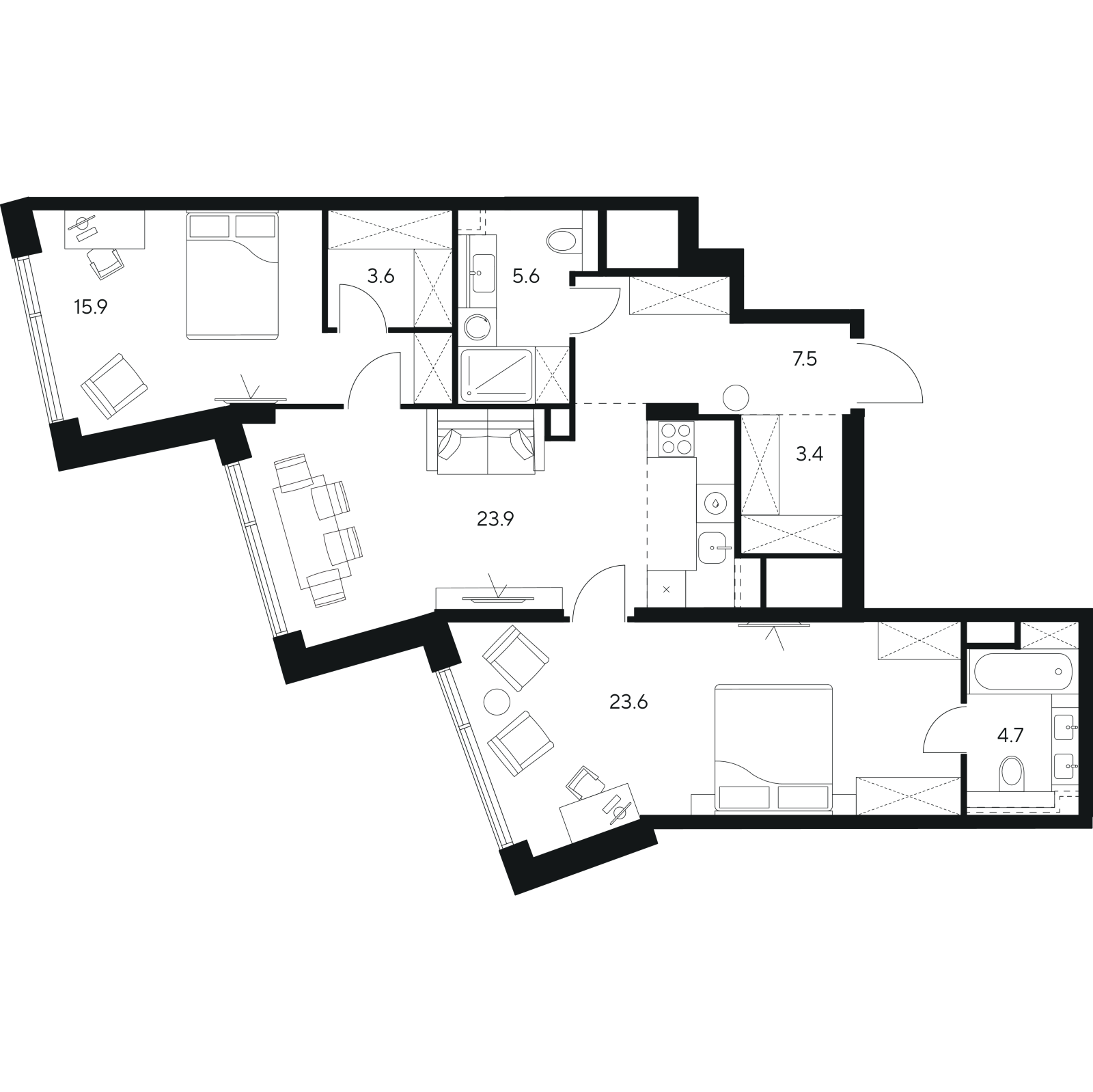Планировка: 3-комнатная квартира, 88,2 м²