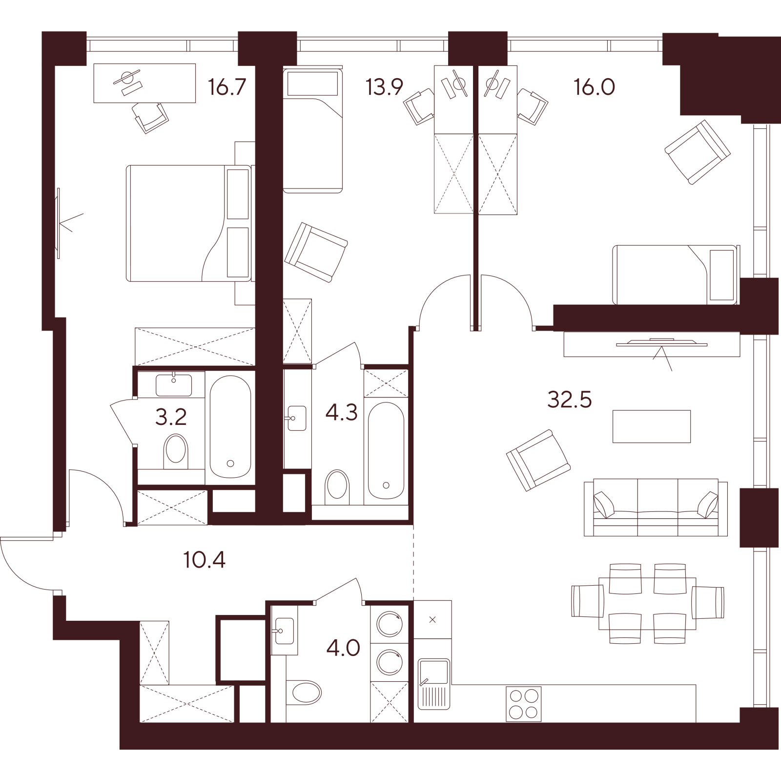 Планировка: 4-комнатная квартира, 101,0 м²