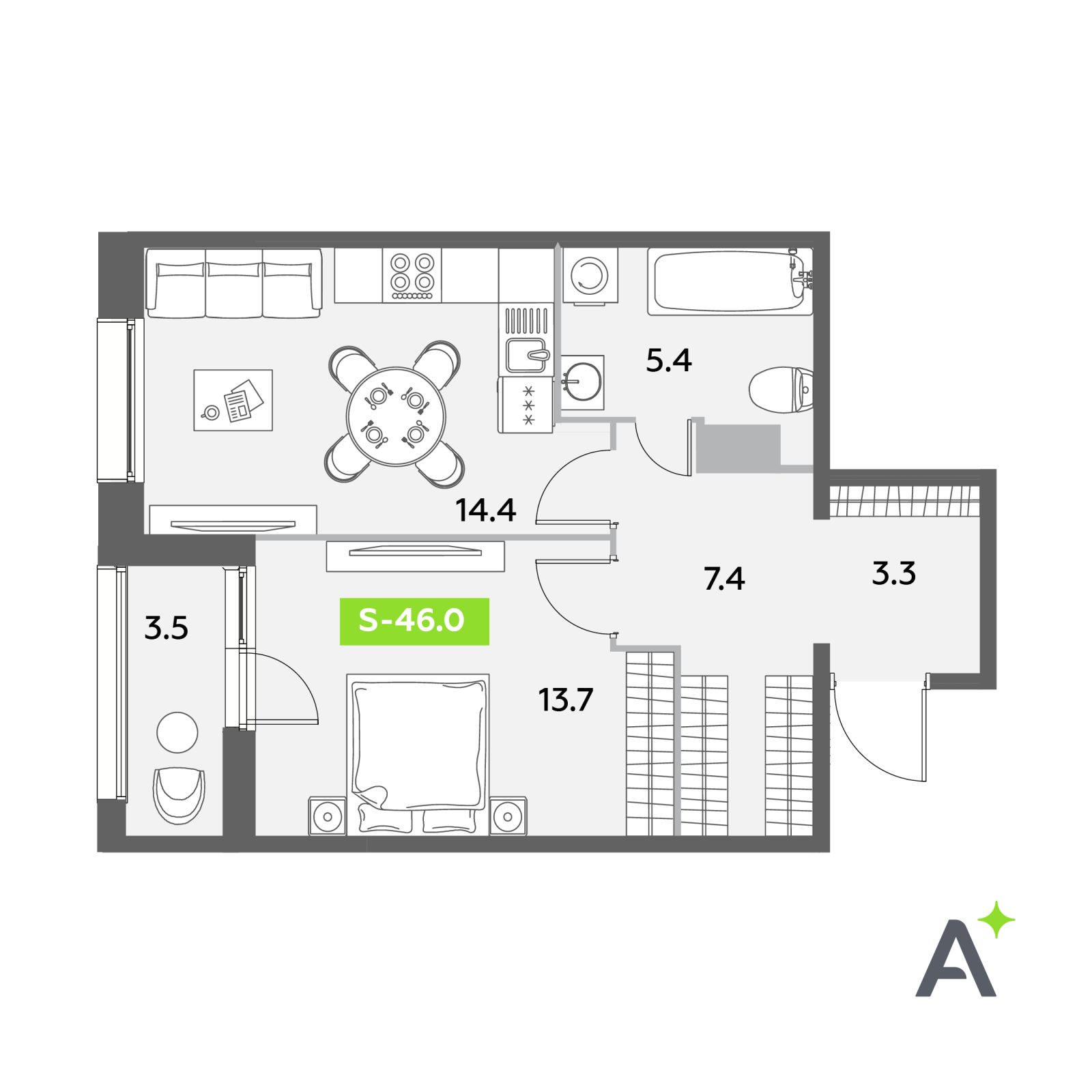 Планировка: 2-комнатная квартира, 46,0 м²