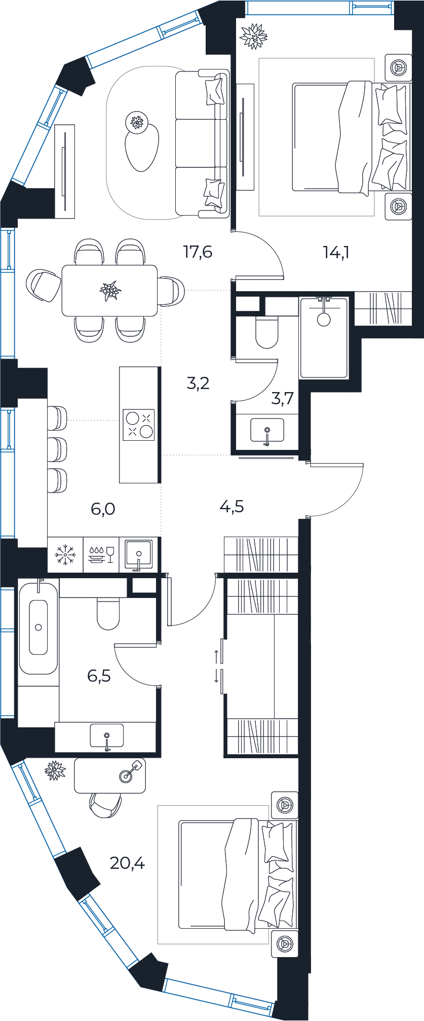 Планировка: 2-комнатная квартира, 76,0 м²