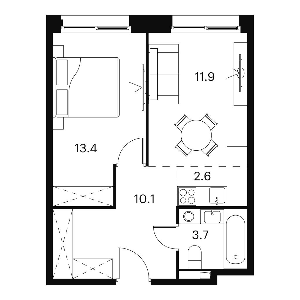 Планировка: 2-комнатная квартира, 41,7 м²
