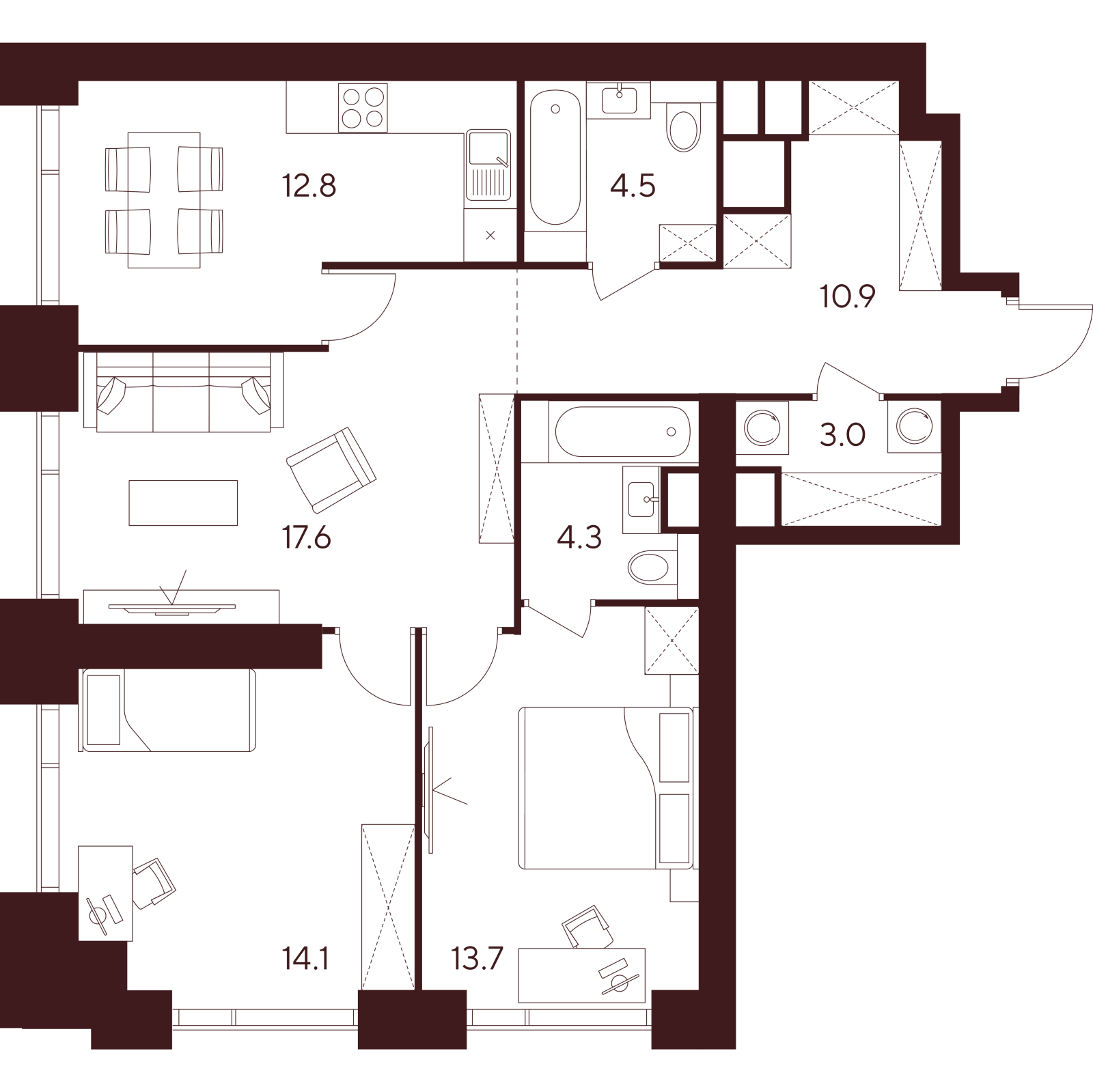 Планировка: 3-комнатная квартира, 80,9 м²