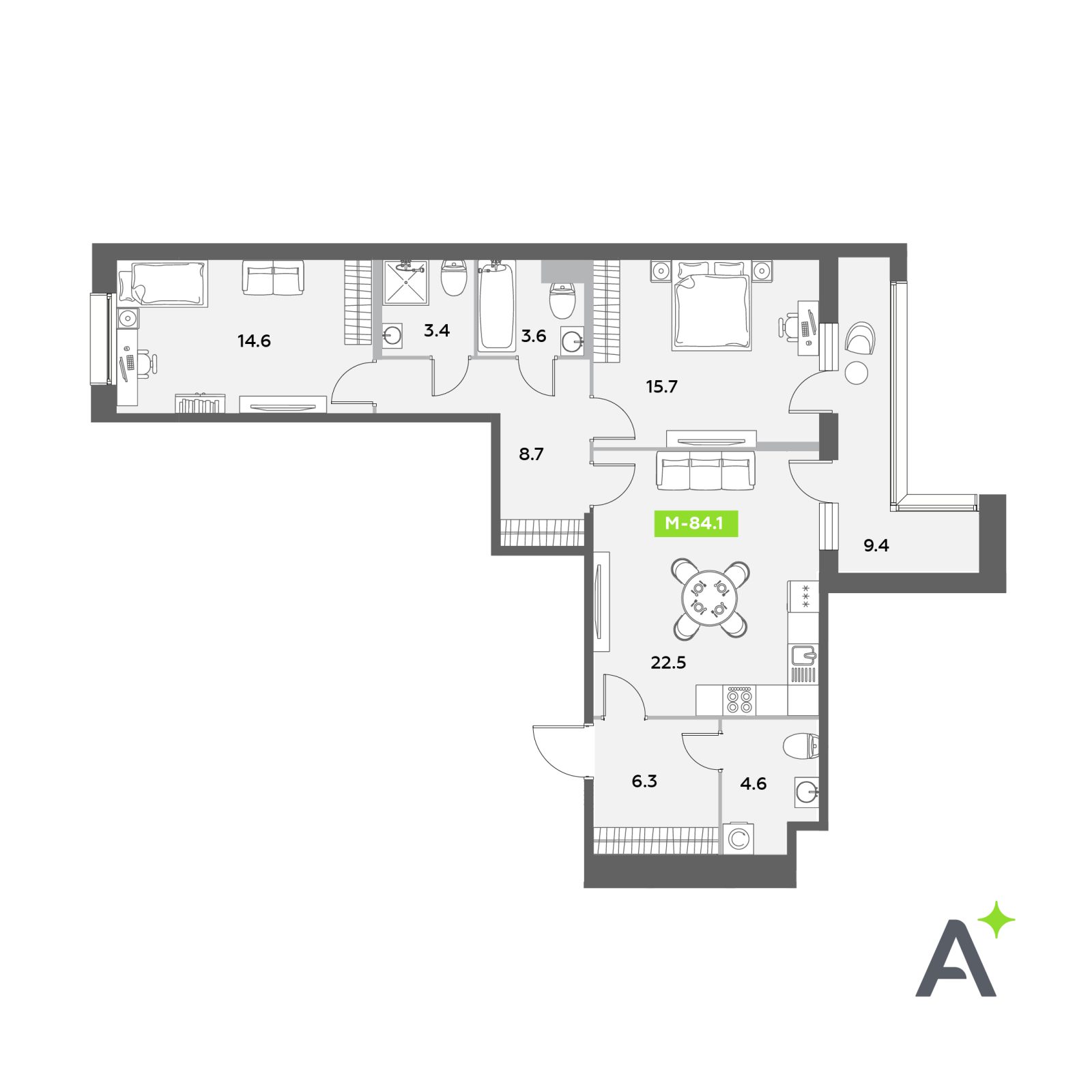 Планировка: 3-комнатная квартира, 84,1 м²