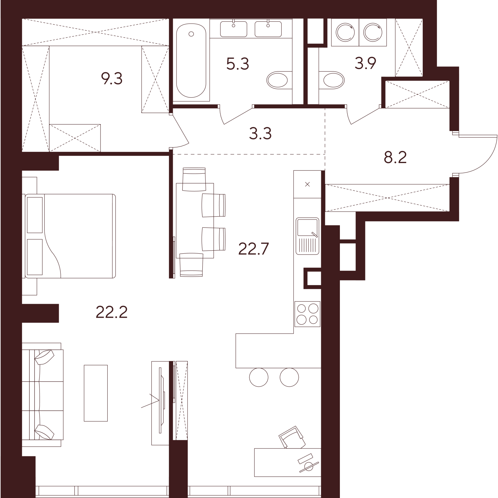 Планировка: 2-комнатная квартира, 74,9 м²