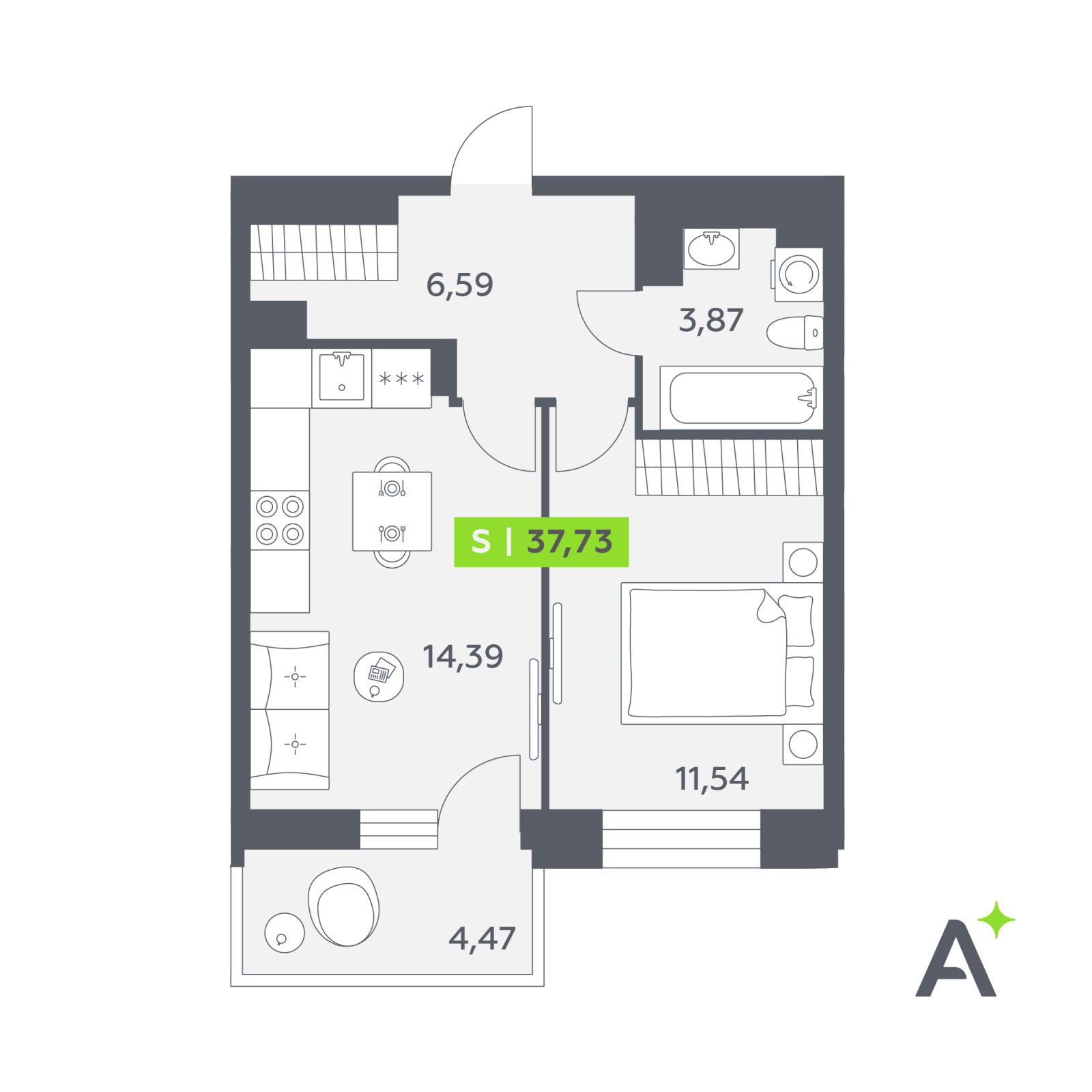 Планировка: 2-комнатная квартира, 37,7 м²