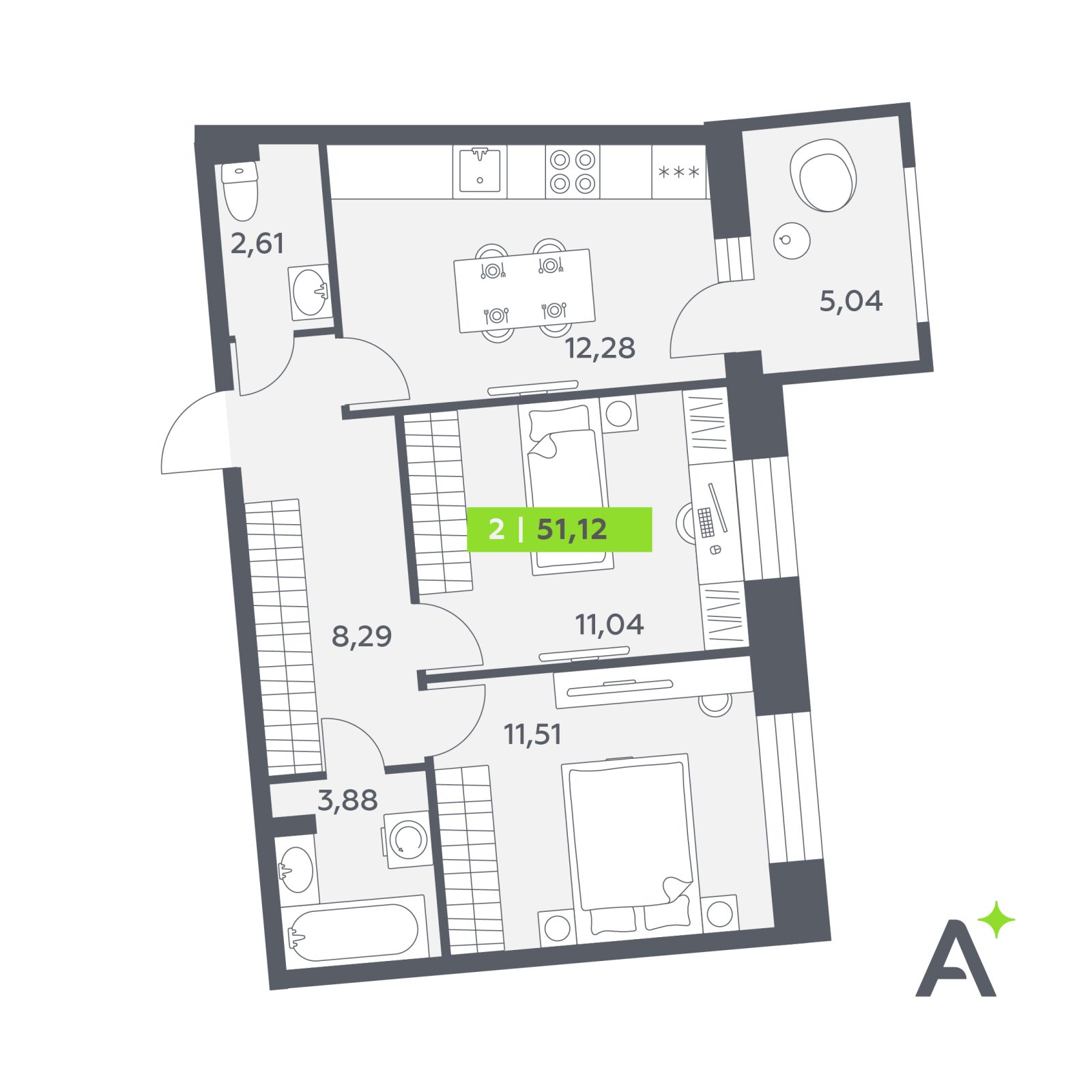 Планировка: 2-комнатная квартира, 51,1 м²