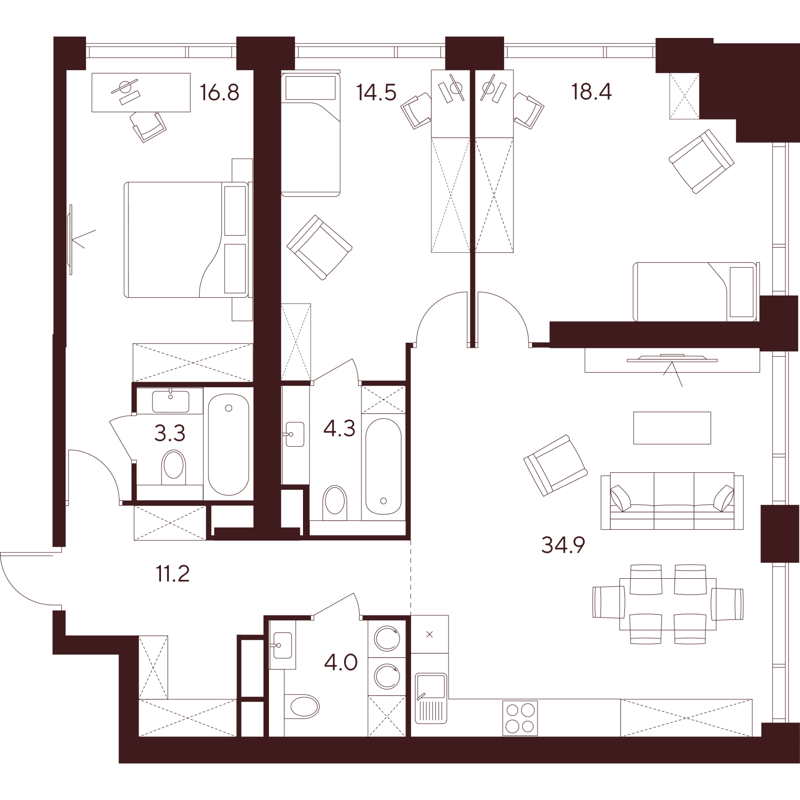 Планировка: 4-комнатная квартира, 107,4 м²