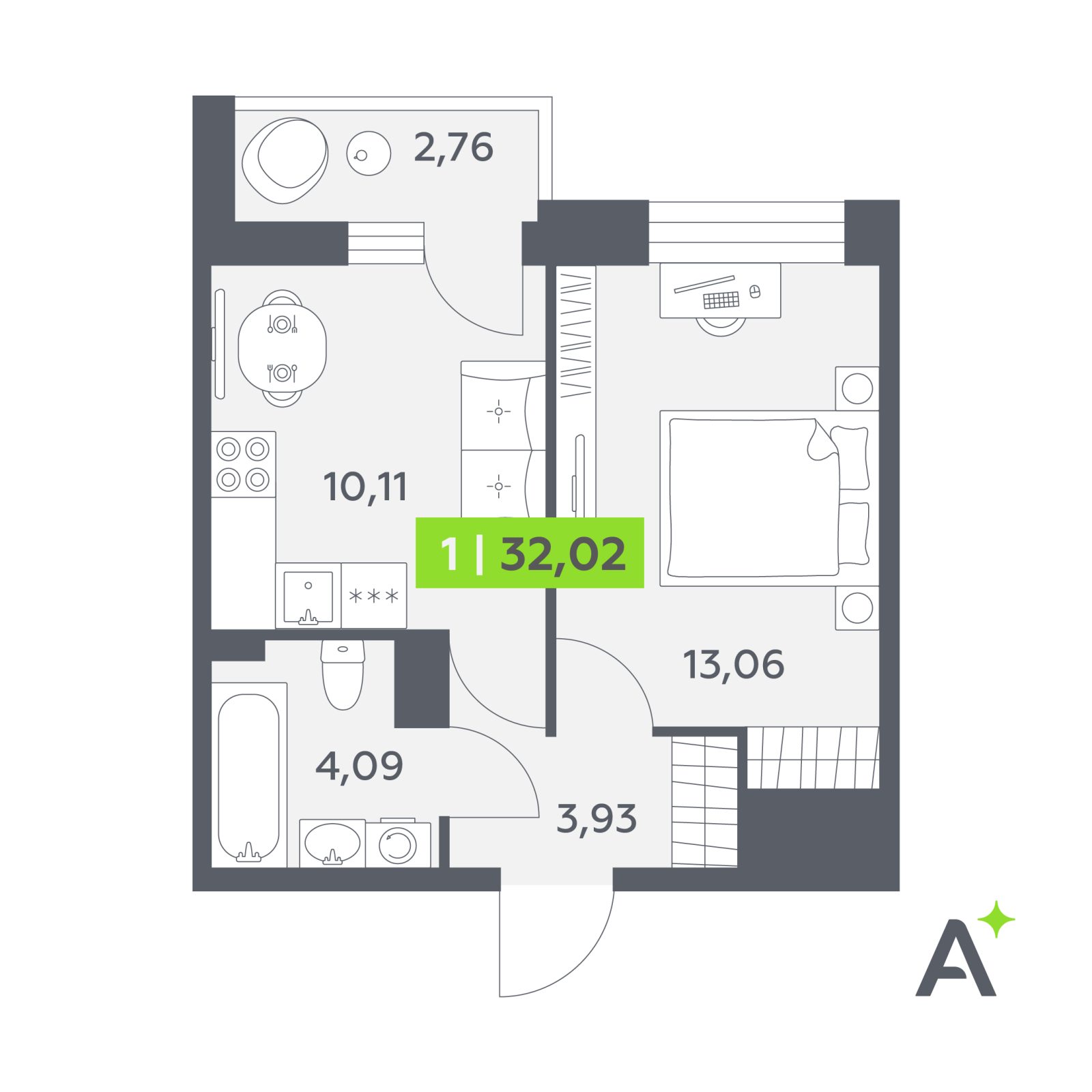 Планировка: 1-комнатная квартира, 32,0 м²