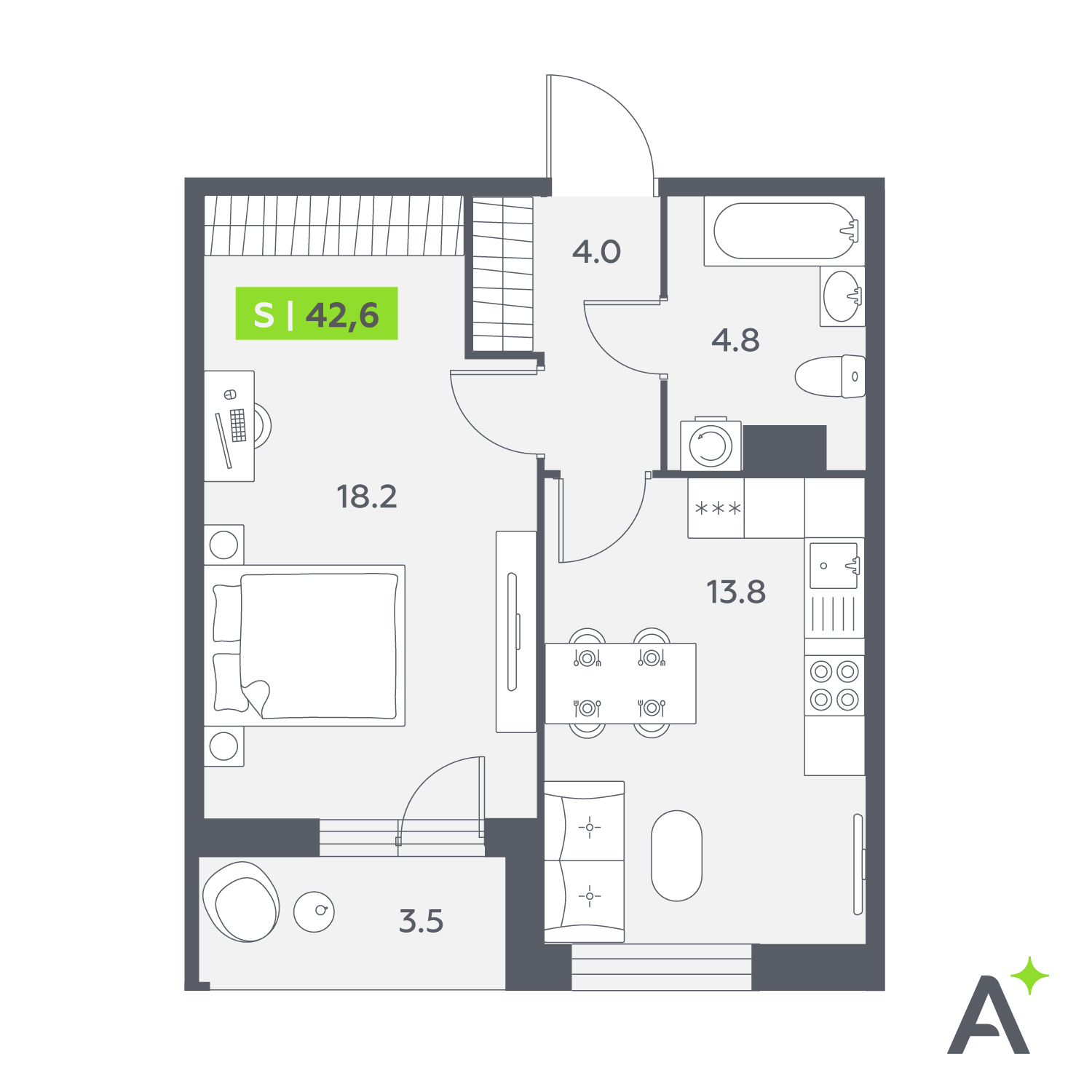 Планировка: 2-комнатная квартира, 42,6 м²