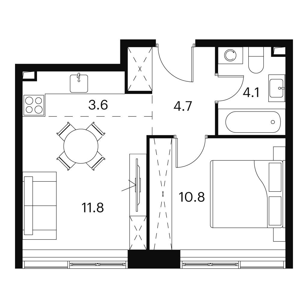 Планировка: 2-комнатная квартира, 35,0 м²