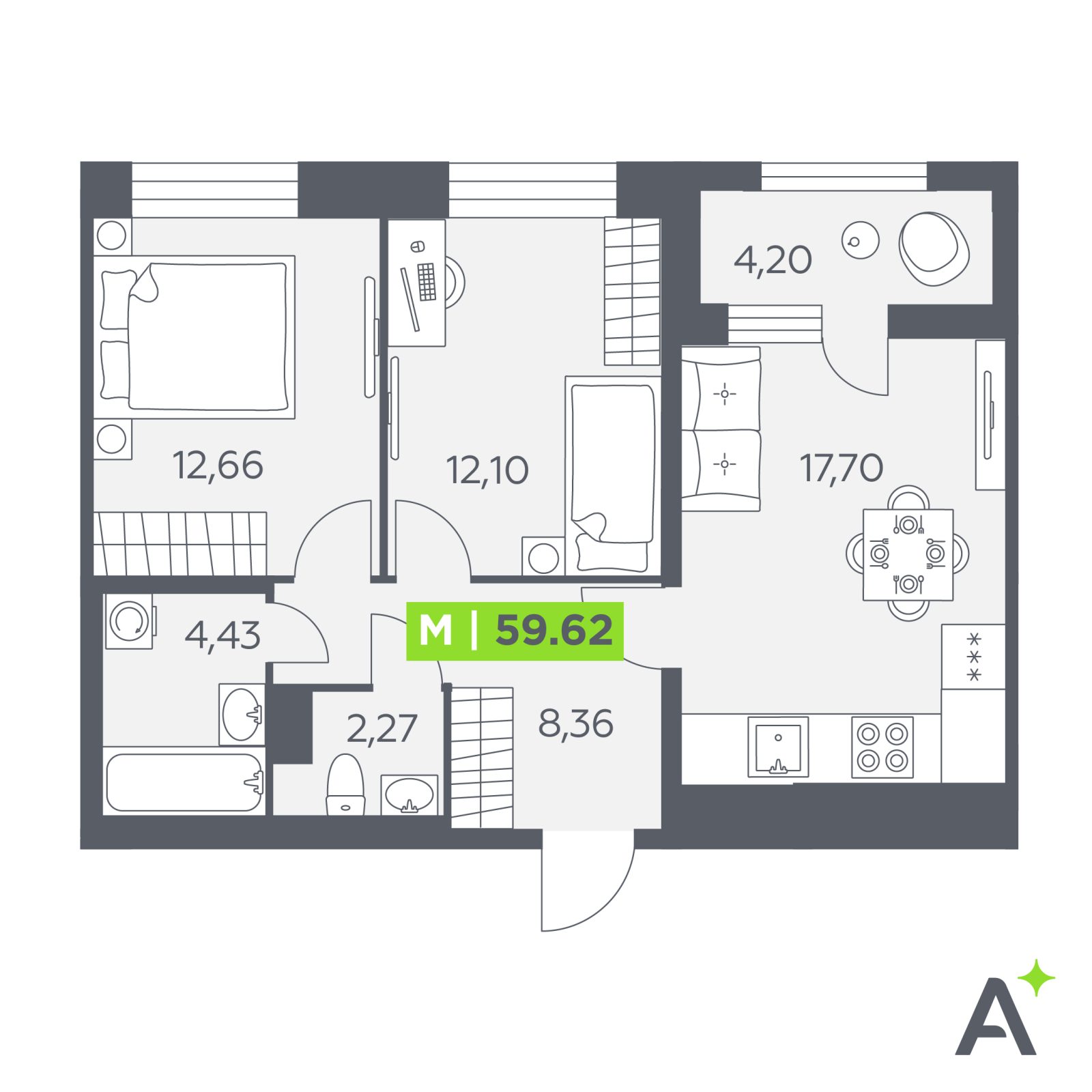 Планировка: 3-комнатная квартира, 59,6 м²