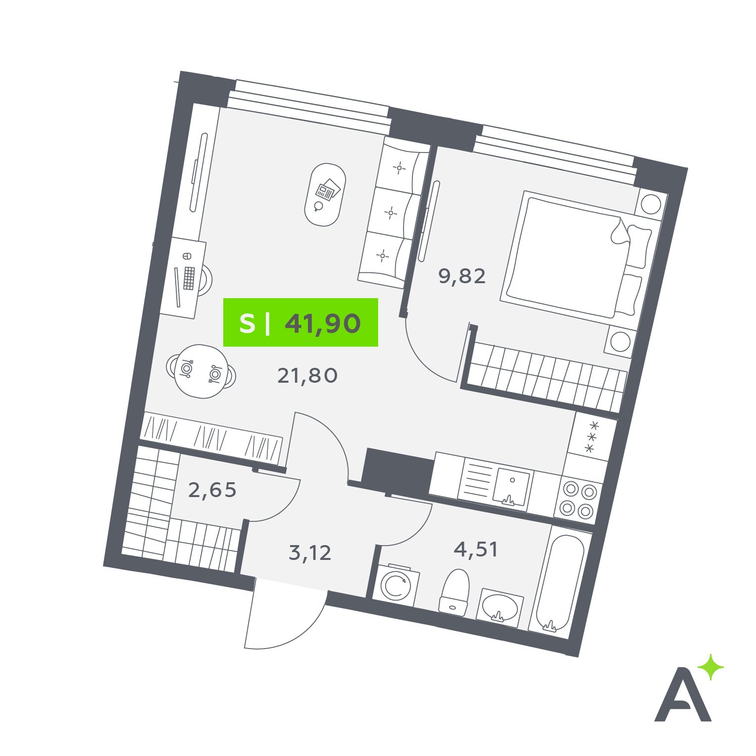 Планировка: 2-комнатная квартира, 41,9 м²