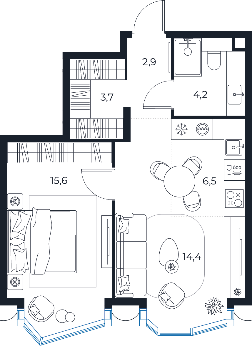 Планировка: 1-комнатная квартира, 47,3 м²