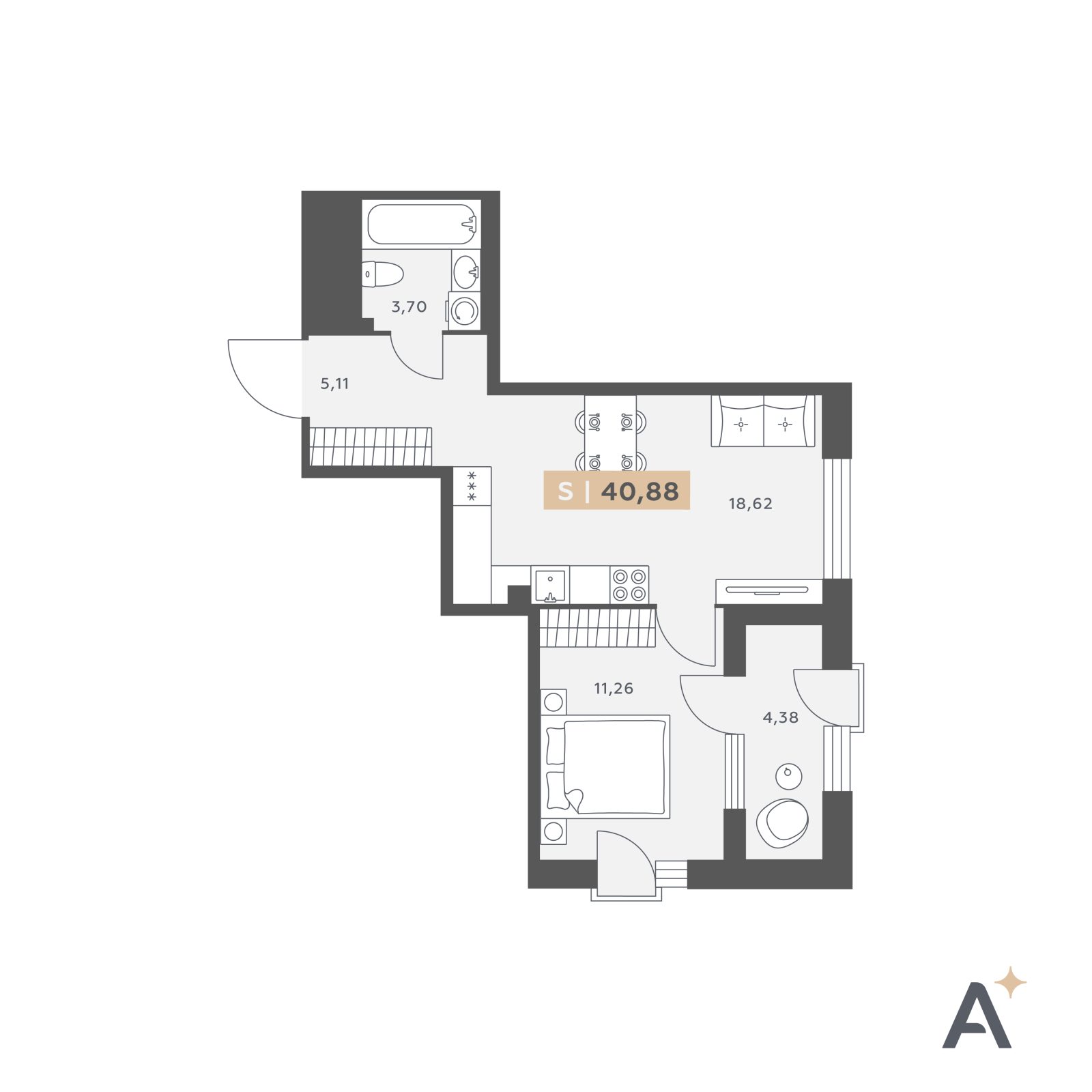 Планировка: 2-комнатная квартира, 40,9 м²