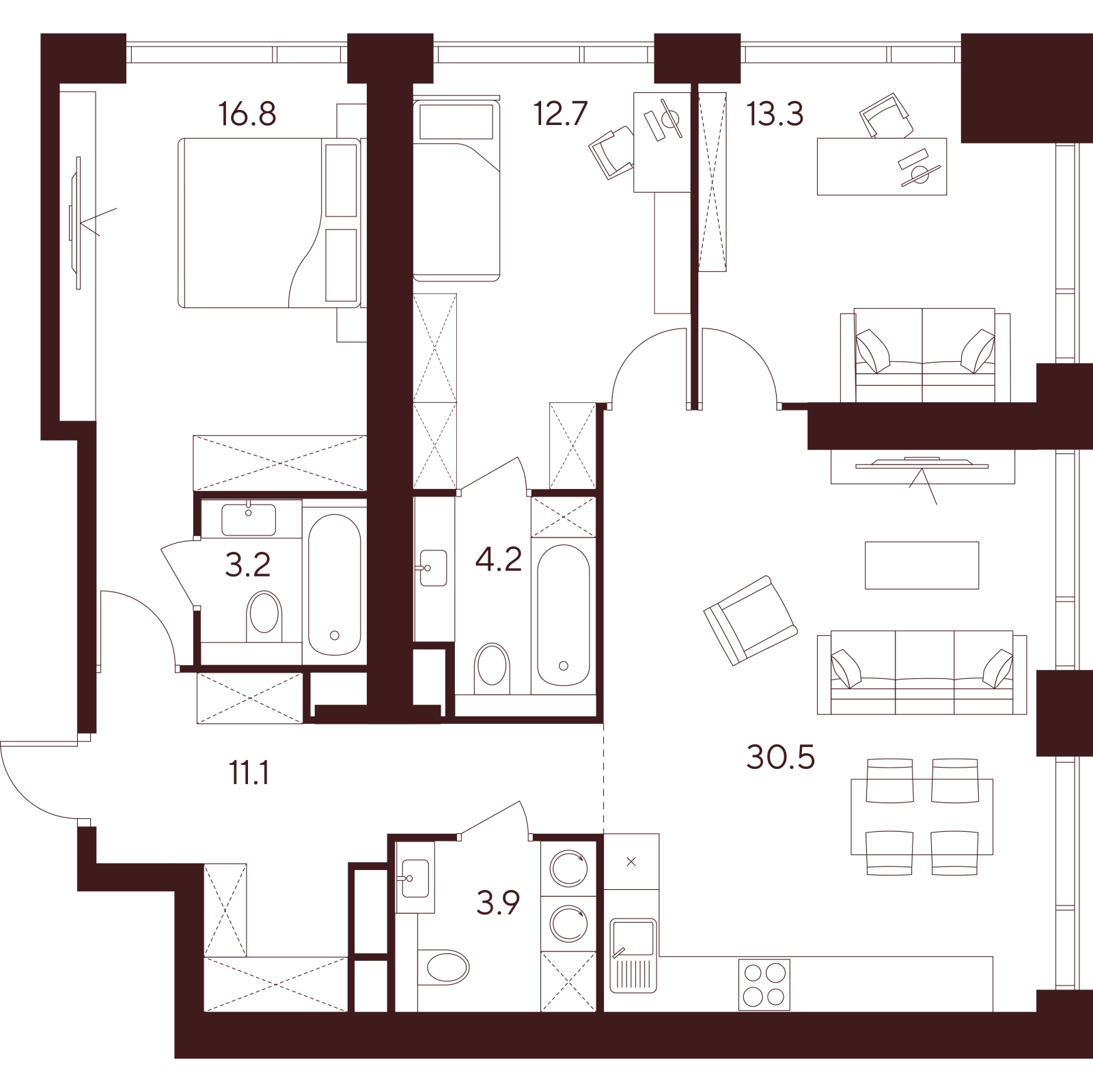 Планировка: 4-комнатная квартира, 95,7 м²
