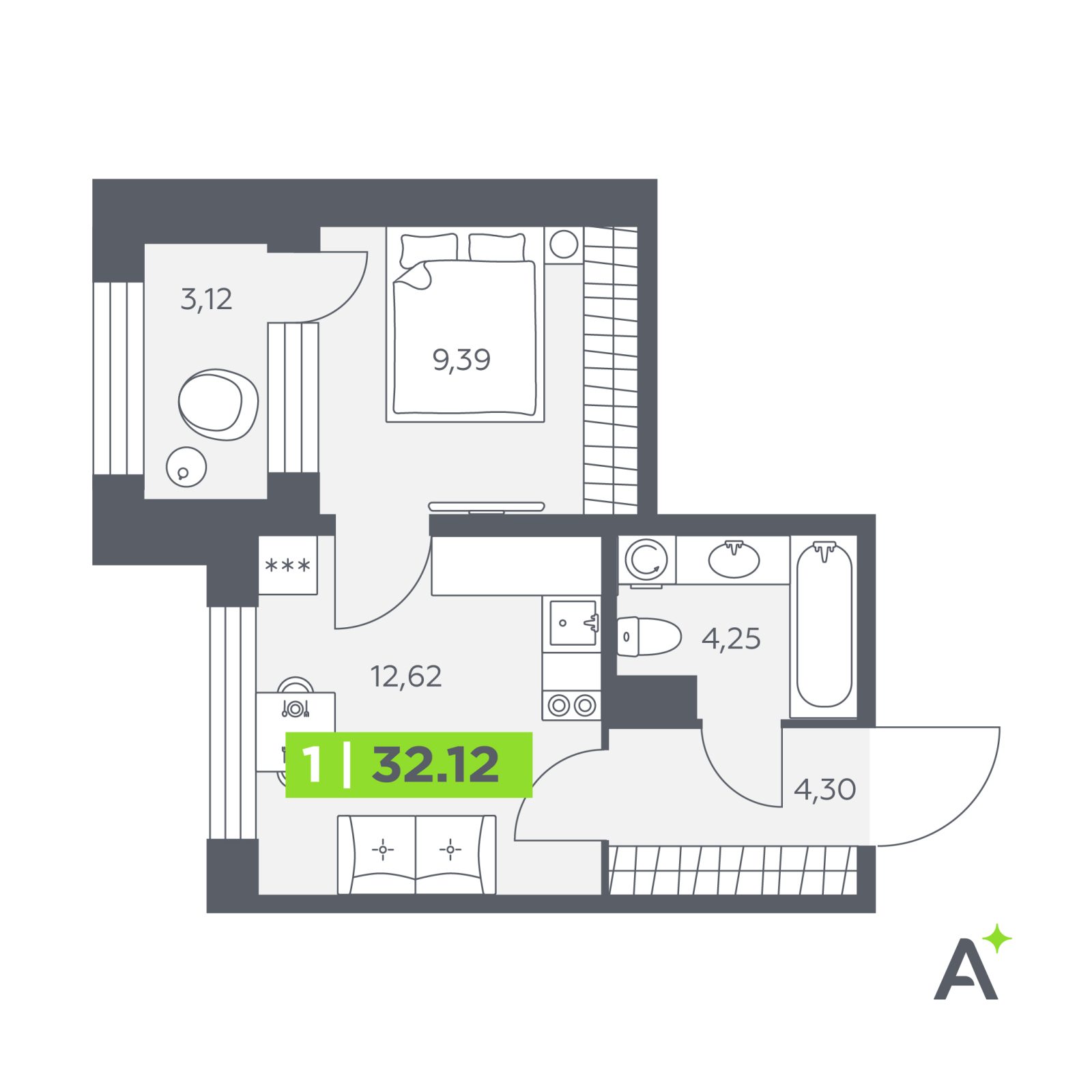 Планировка: 1-комнатная квартира, 32,1 м²