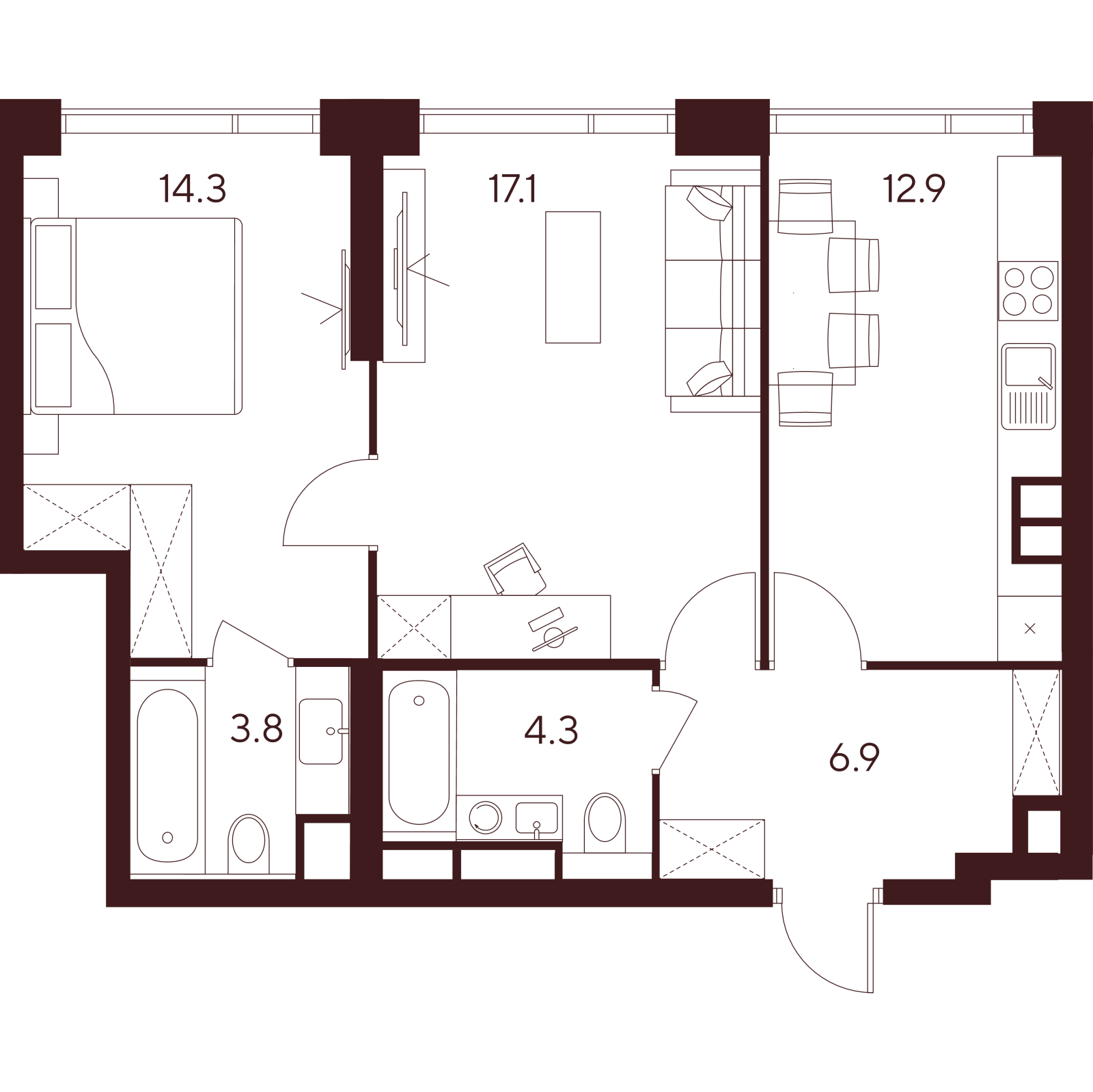 Планировка: 2-комнатная квартира, 59,3 м²