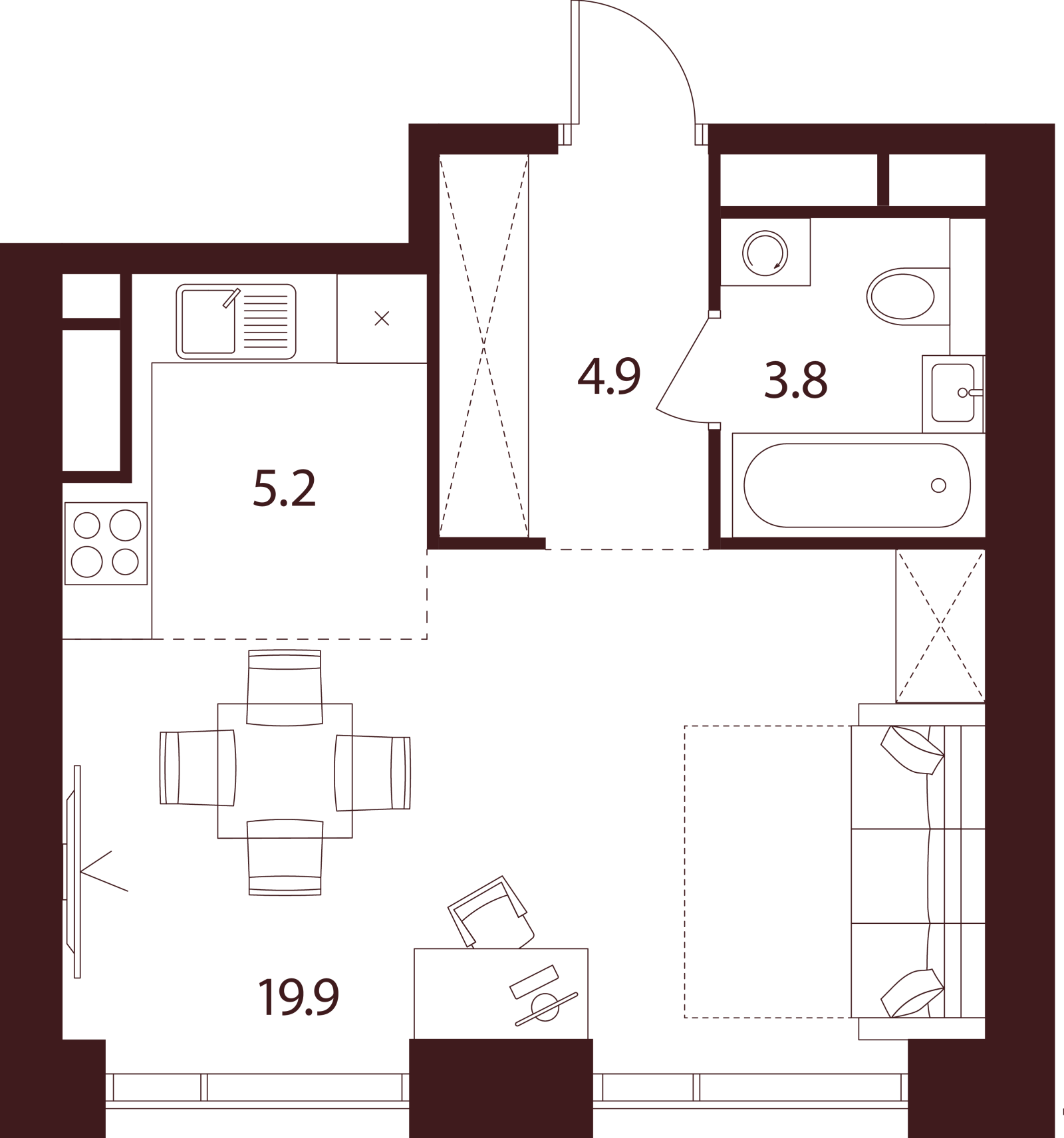 Планировка: студия, 33,8 м²