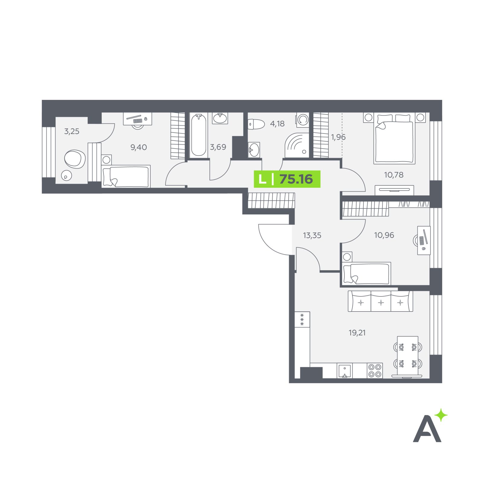 Планировка: 4-комнатная квартира, 75,2 м²