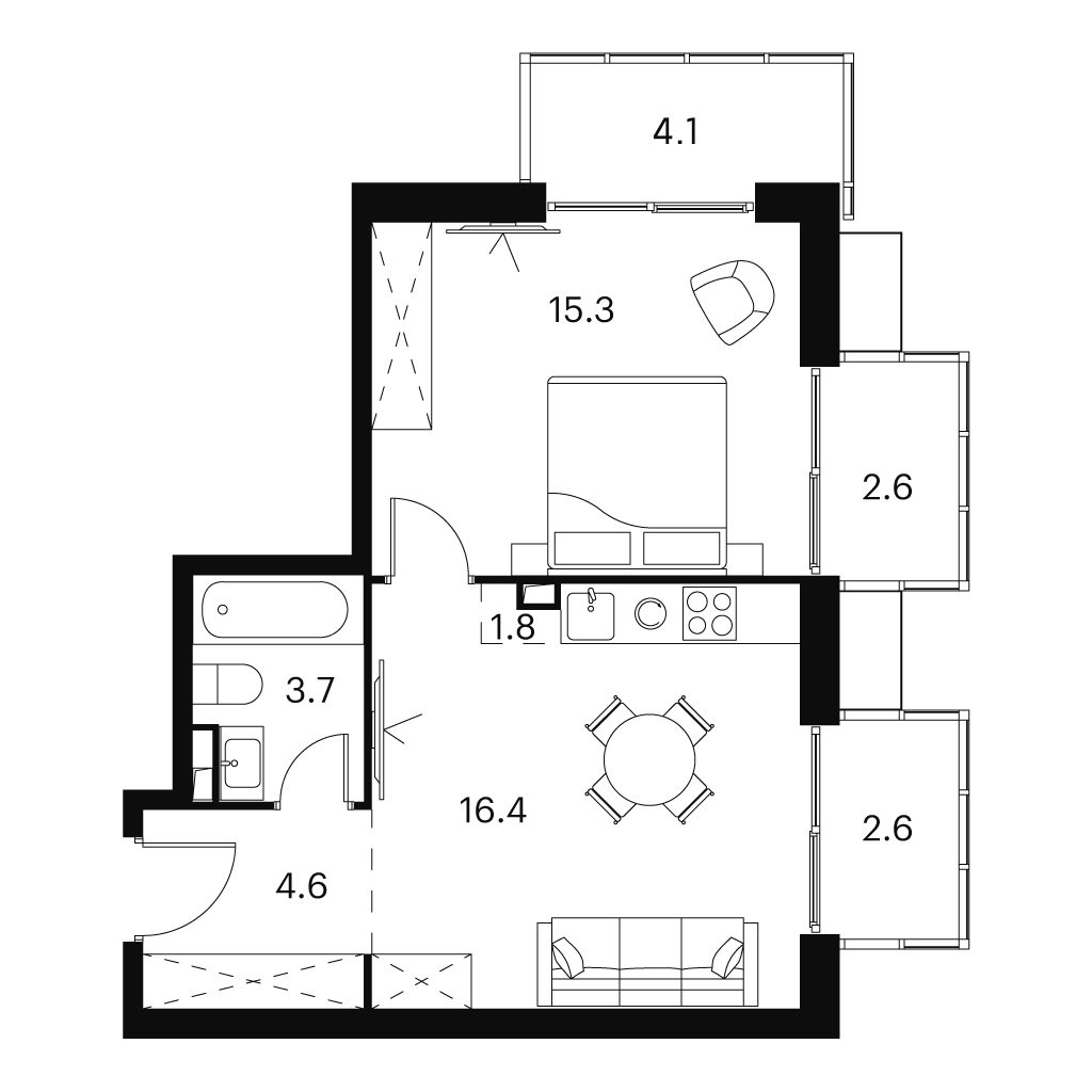 Планировка: 2-комнатная квартира, 51,1 м²