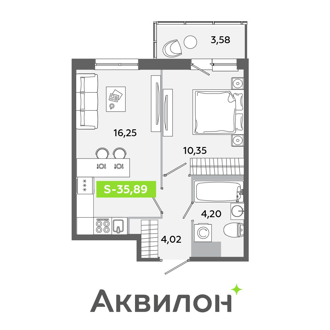 Планировка: 2-комнатная квартира, 35,9 м²